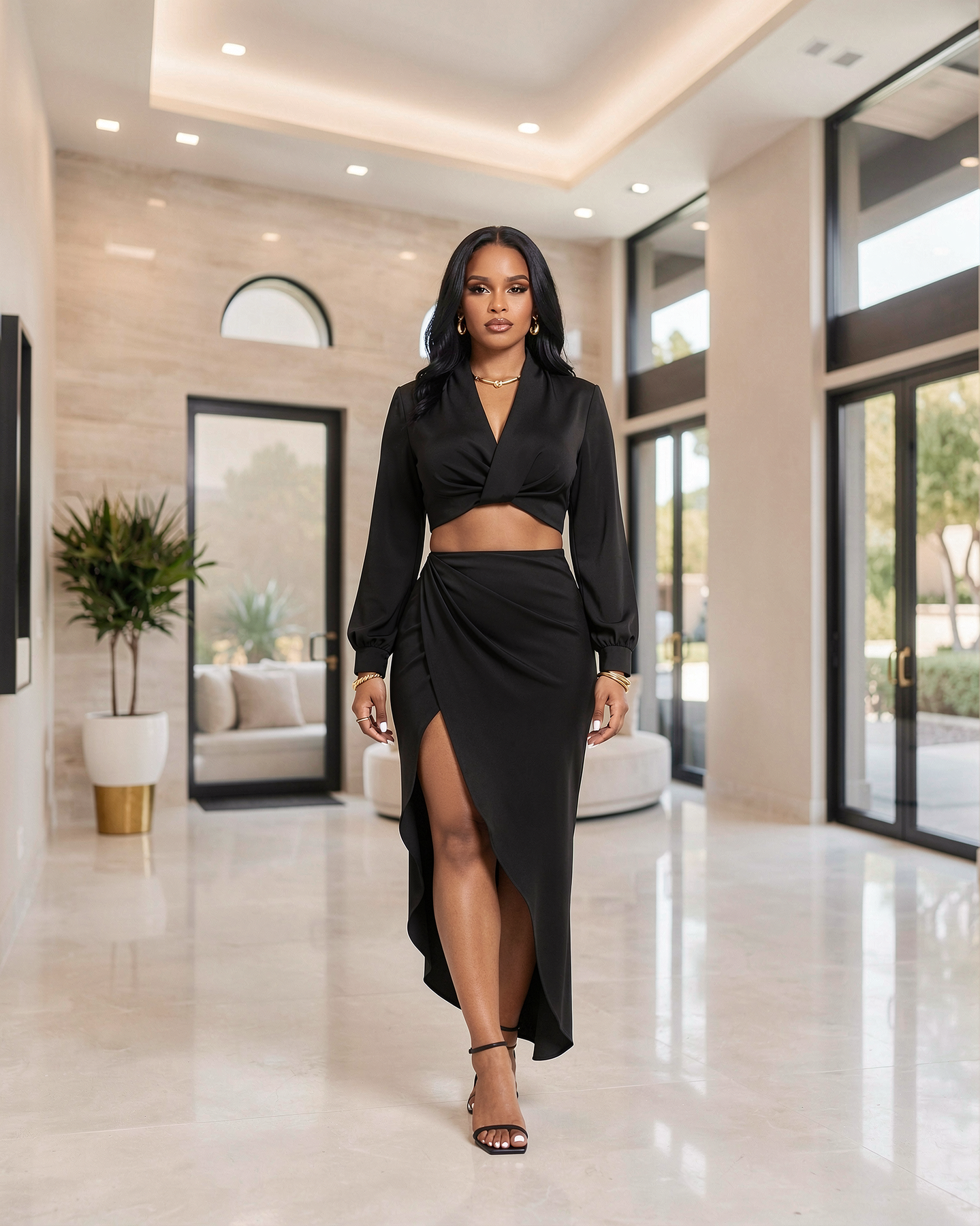 Larrine Black Top & Slit Skirt Satin Set