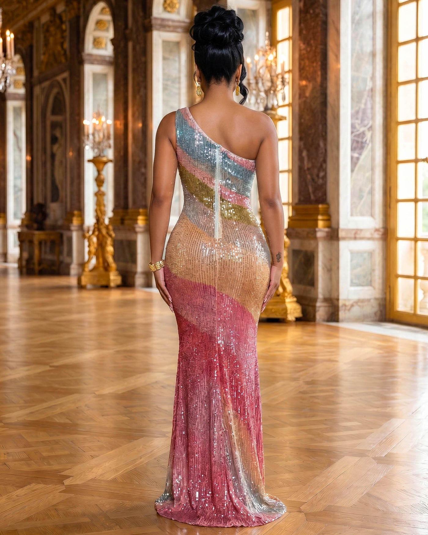 mesh dress sequin Net Gown in Cloud Blue Fabric has some stretch The Maya Ruched Cowl-Neck Sequin