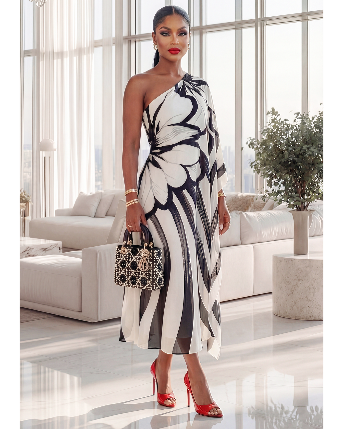 one shoulder chiffon midi dress Kassia Black White One Shoulder Chiffon Midi Dress