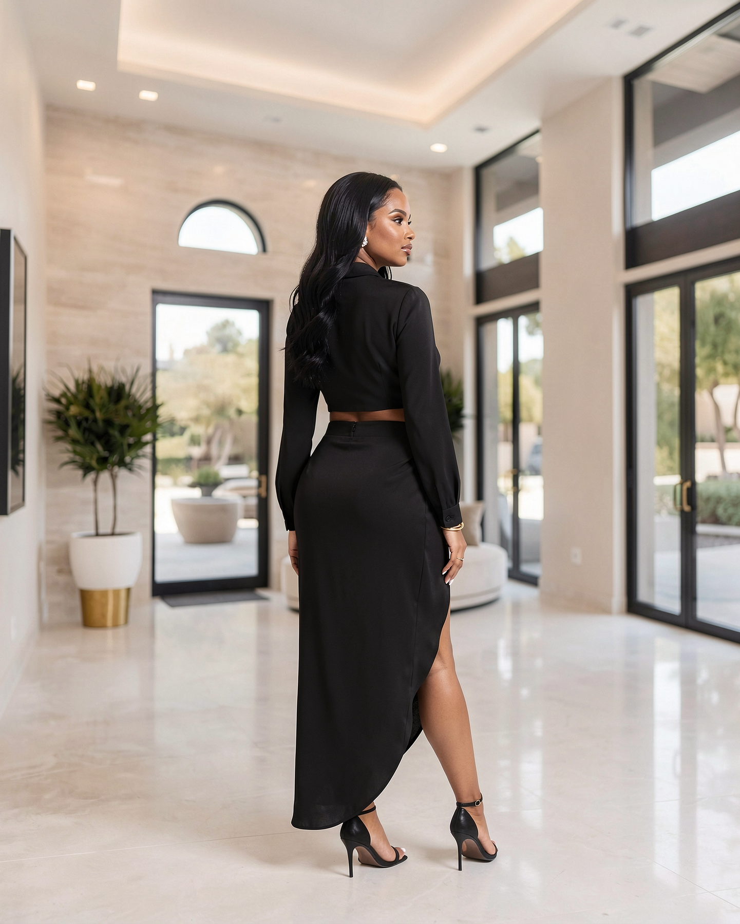 Larrine Black Top & Slit Skirt Satin Set