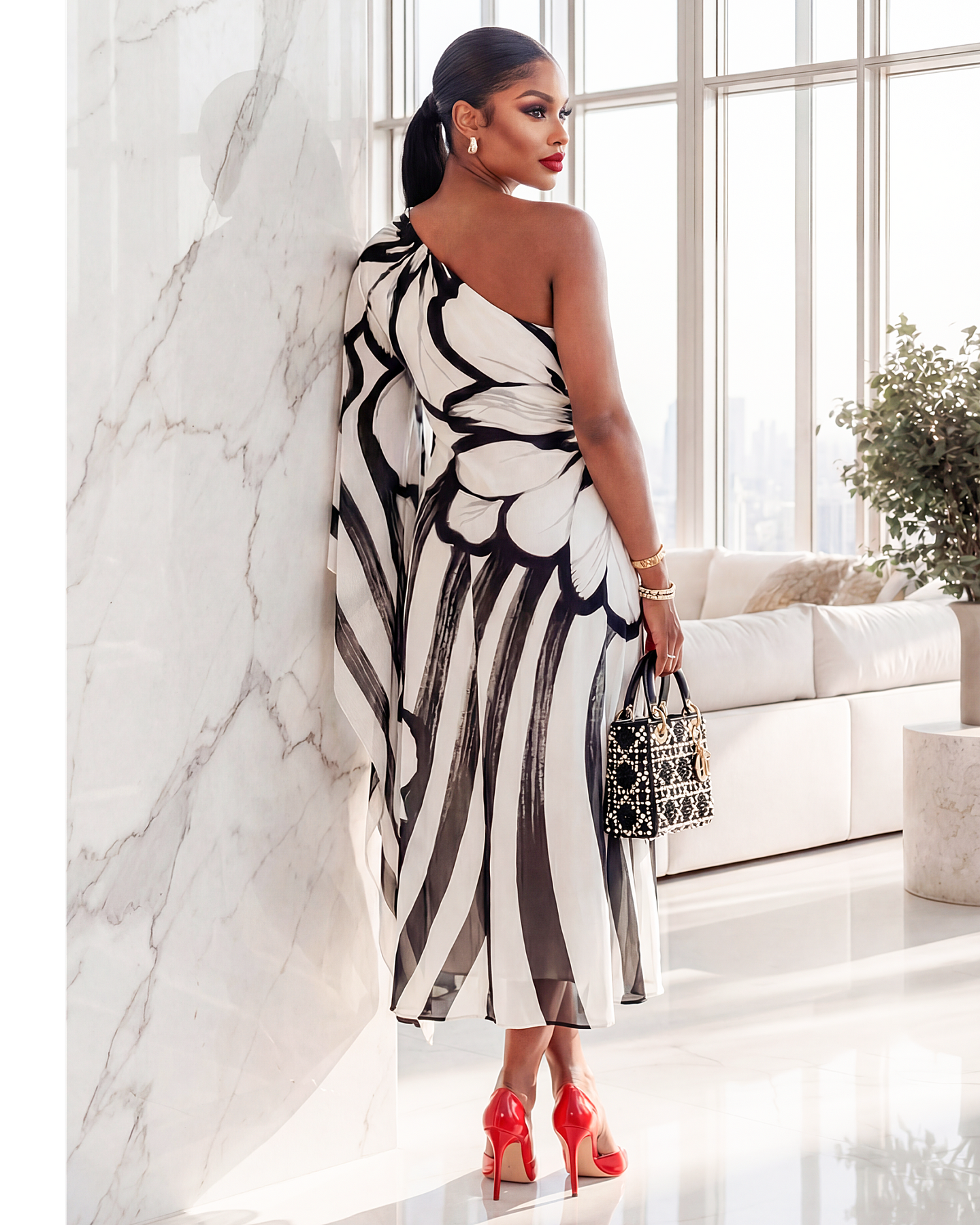 Kassia Black White One Shoulder Chiffon Midi Dress (SHIPS 3/11)