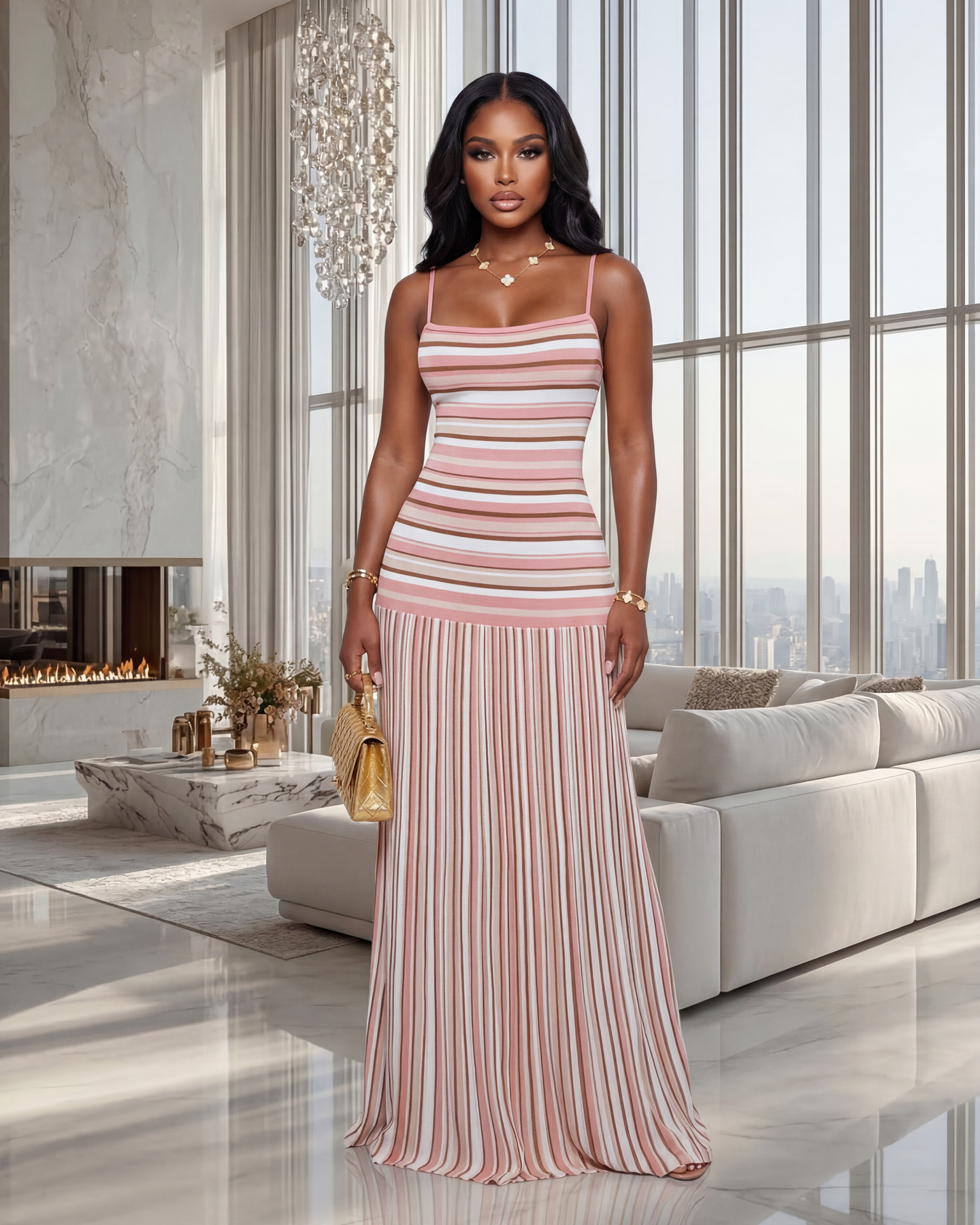 Averie Baby Pink Multi-Color Stripes Knit Maxi Dress