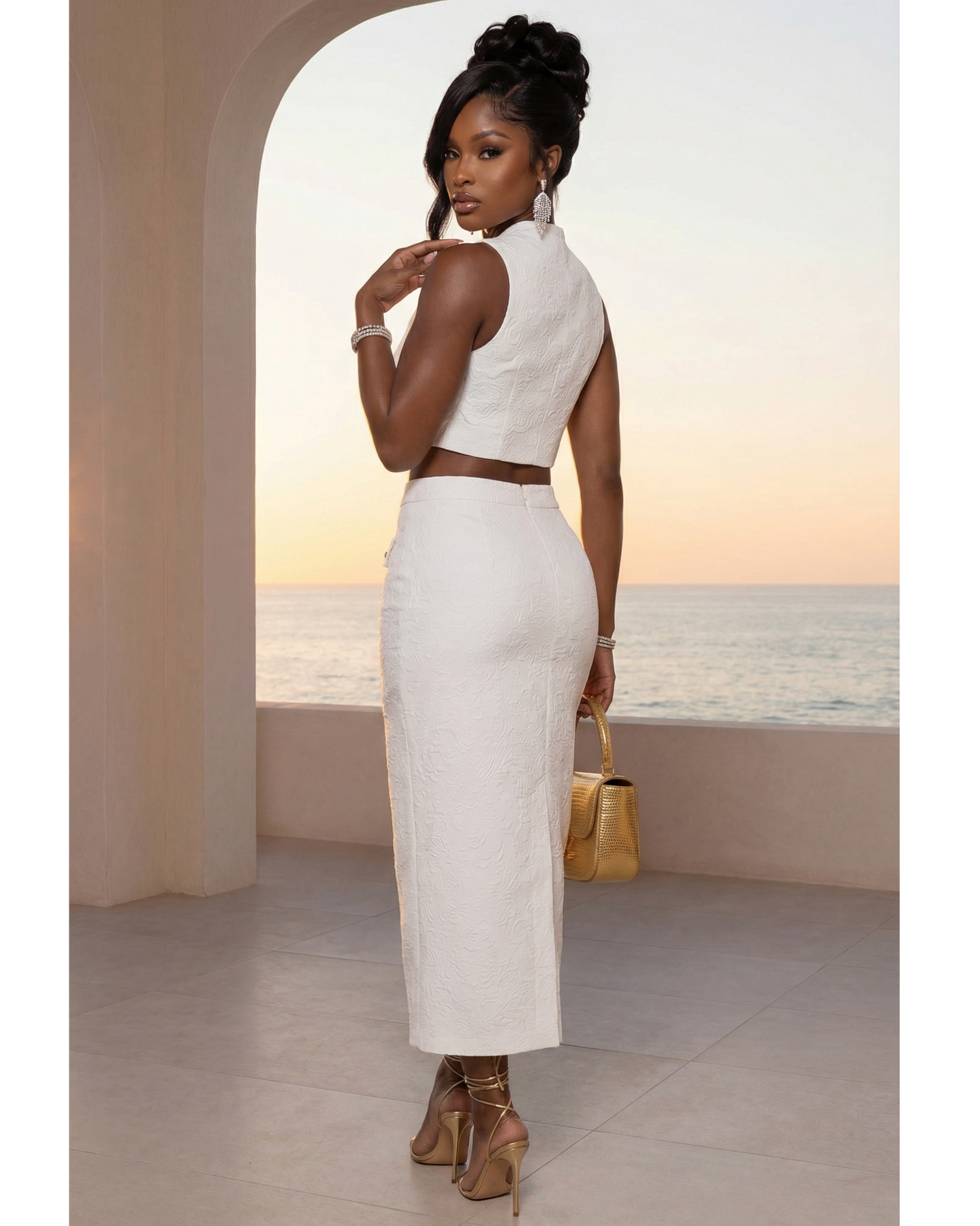 Marsha White Embossed Print Crop Top & Midi Skirt Set
