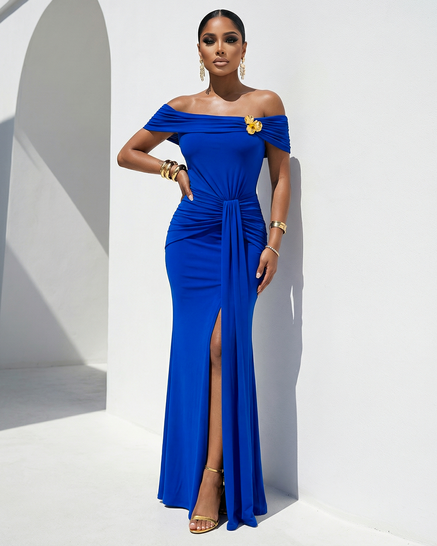 Maraya Royal-Blue Gold Broach Off-Shoulder Maxi Dress
