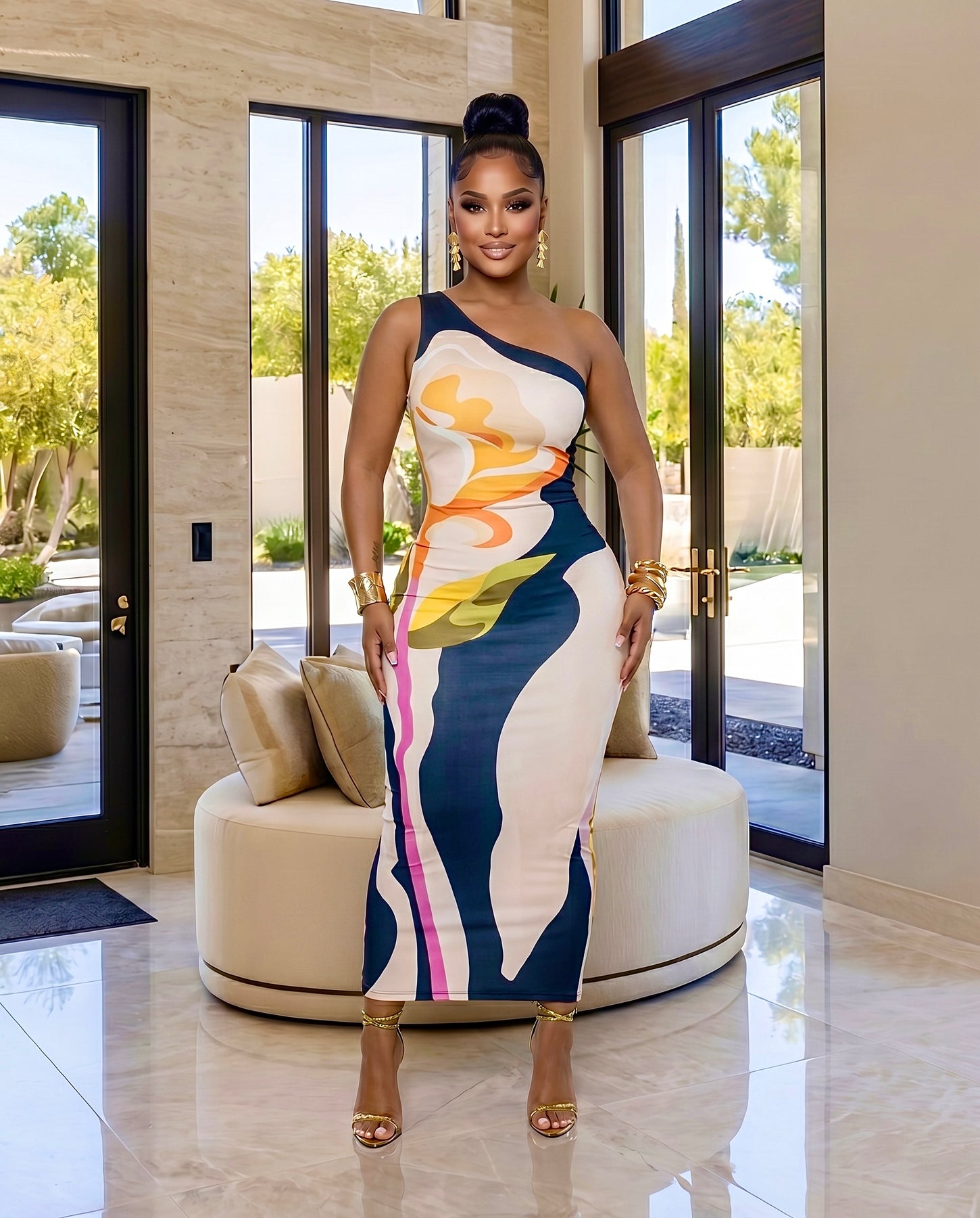Soretta Navy Multi-Color Print Single Shoulder Dress