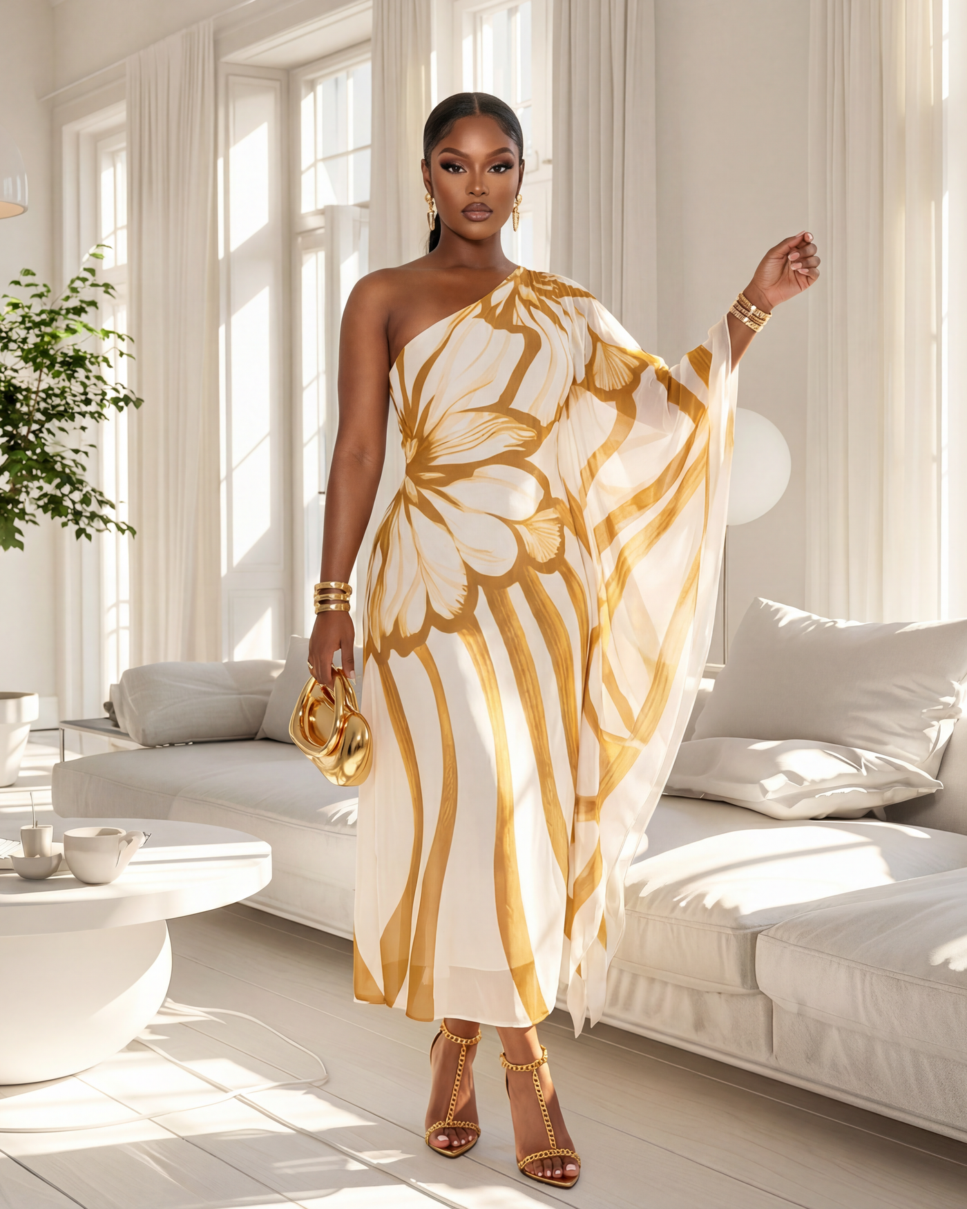 Kassia Camel White One Shoulder Chiffon Midi Dress