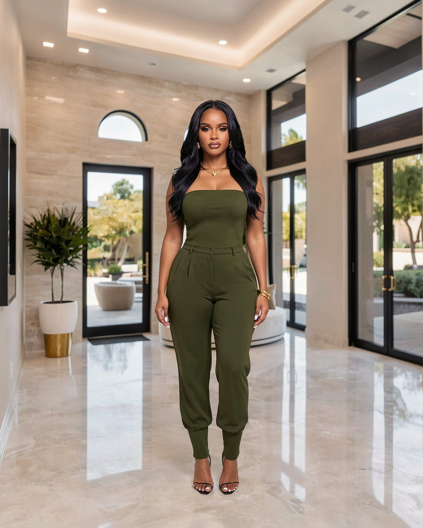 Zayla Deep Olive Green Top & Balloon Pants Set