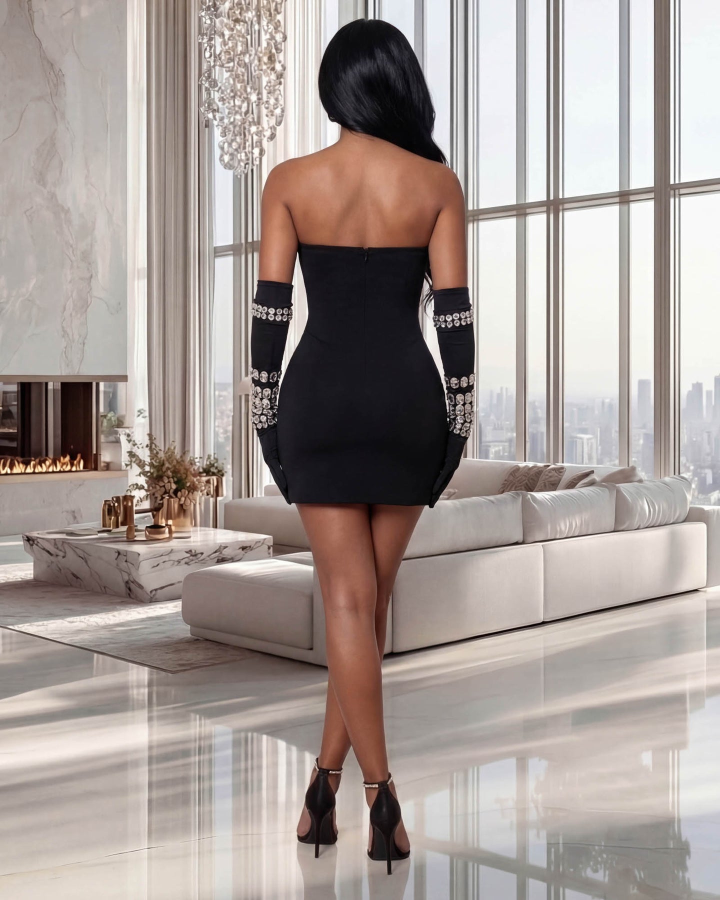Starlet Black Rhinestones Bandage Mini Dress