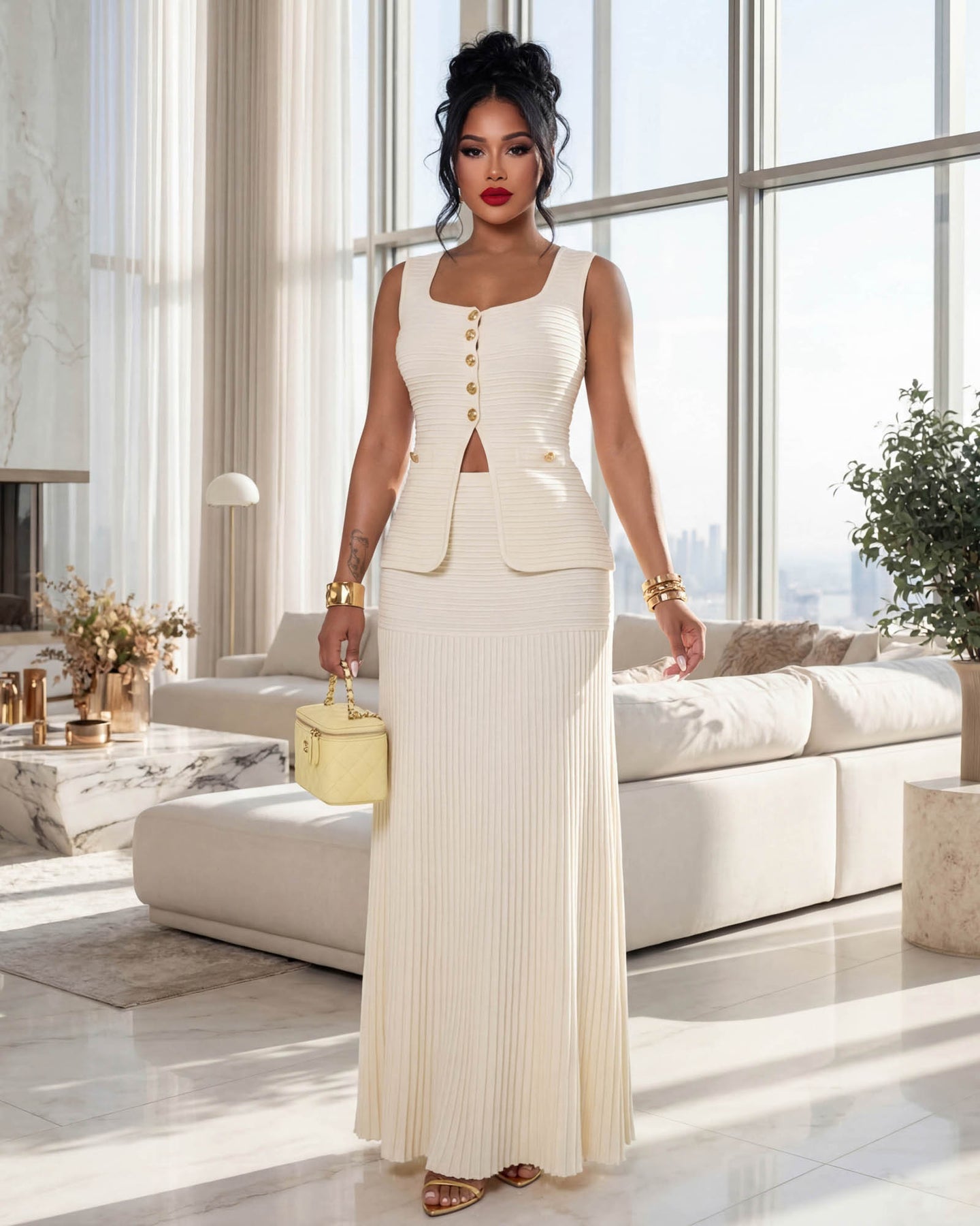 Adina Cream Top & Pleated Maxi Skirt Set
