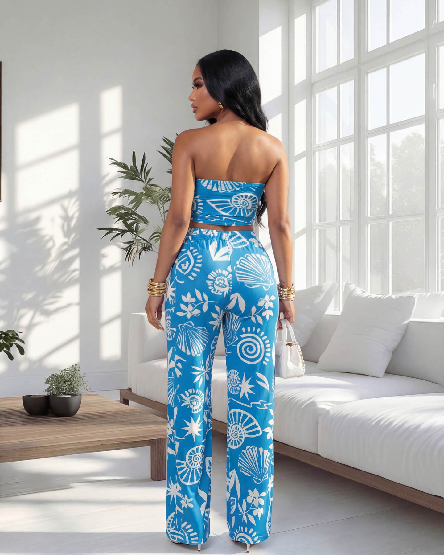 Paulette Blue White Print Pants Set