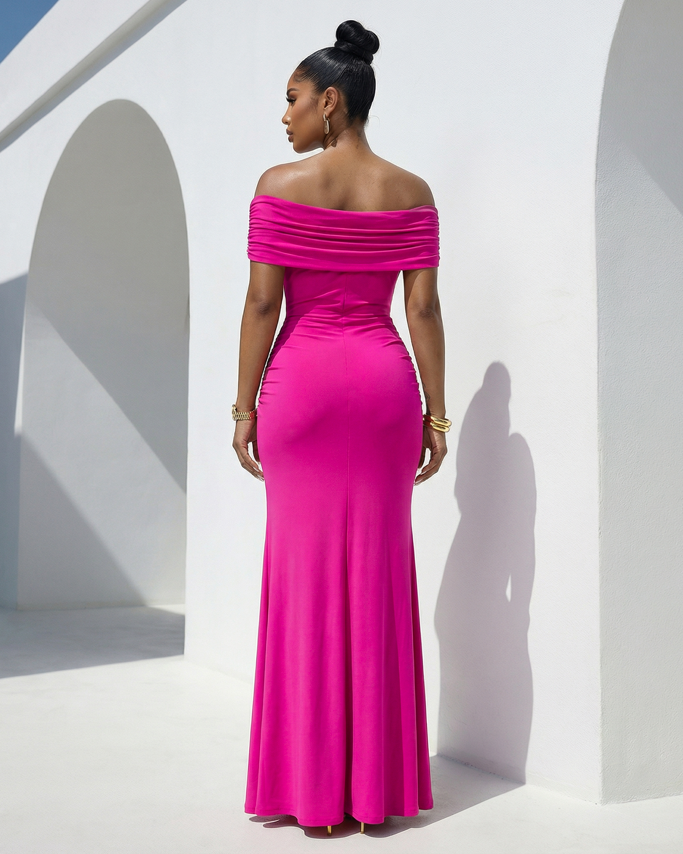 fuchsia and gold dress Maraya Broach Off-Shoulder Maxi rose gold formal wear