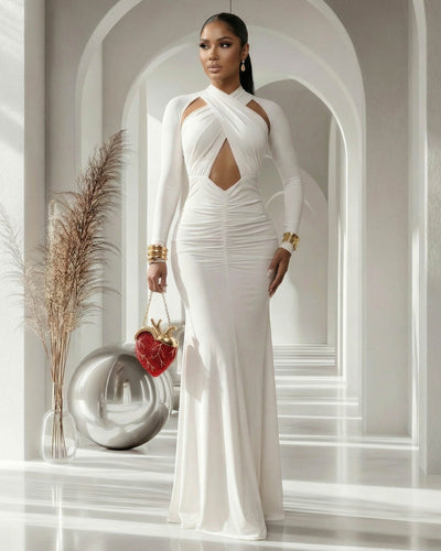 white cut out ruched dress White Sleeveless Square Neck Lace Up Cut Out Ruched Midi Dress Small