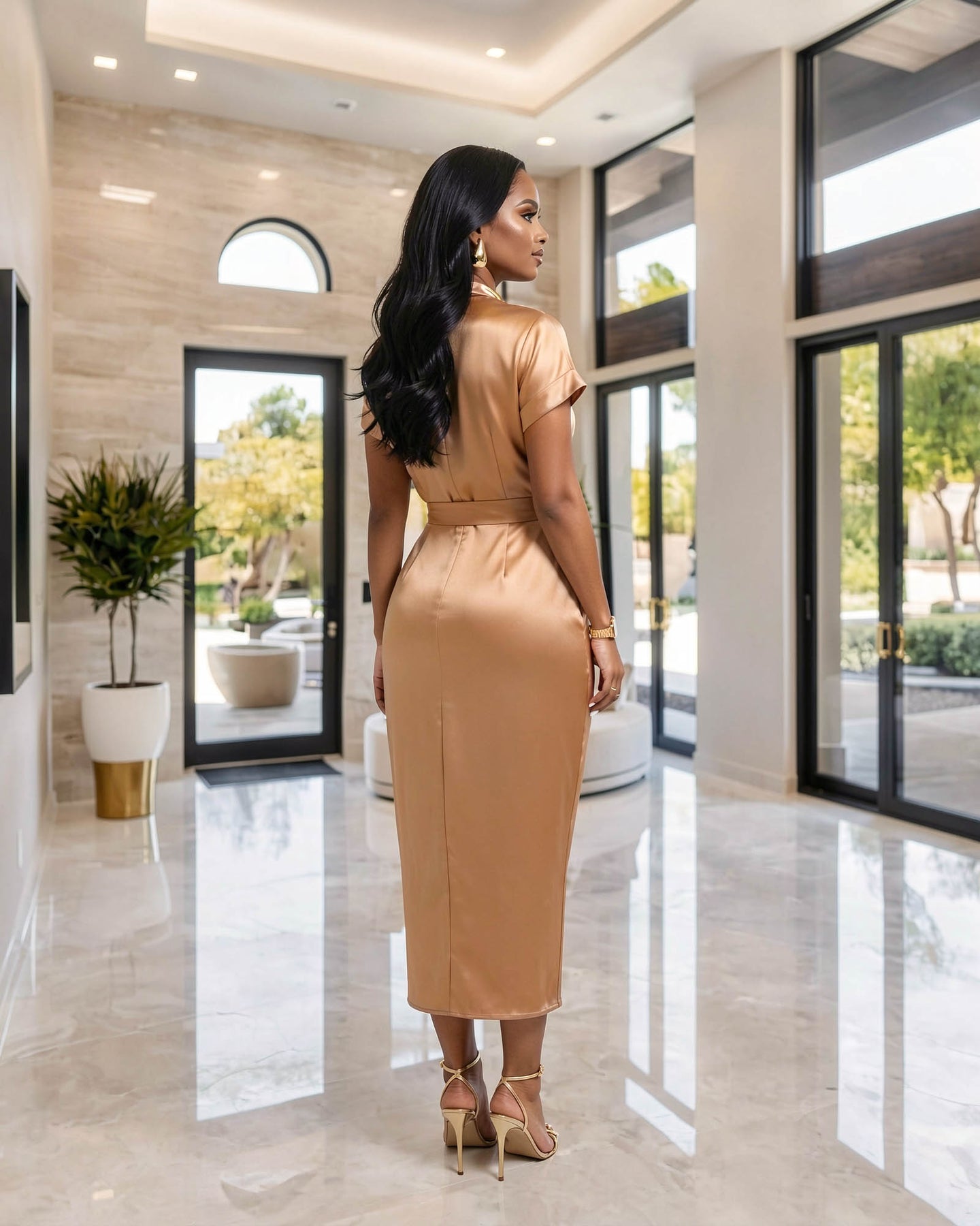 Gustave Tan Draped Silky Midi Dress