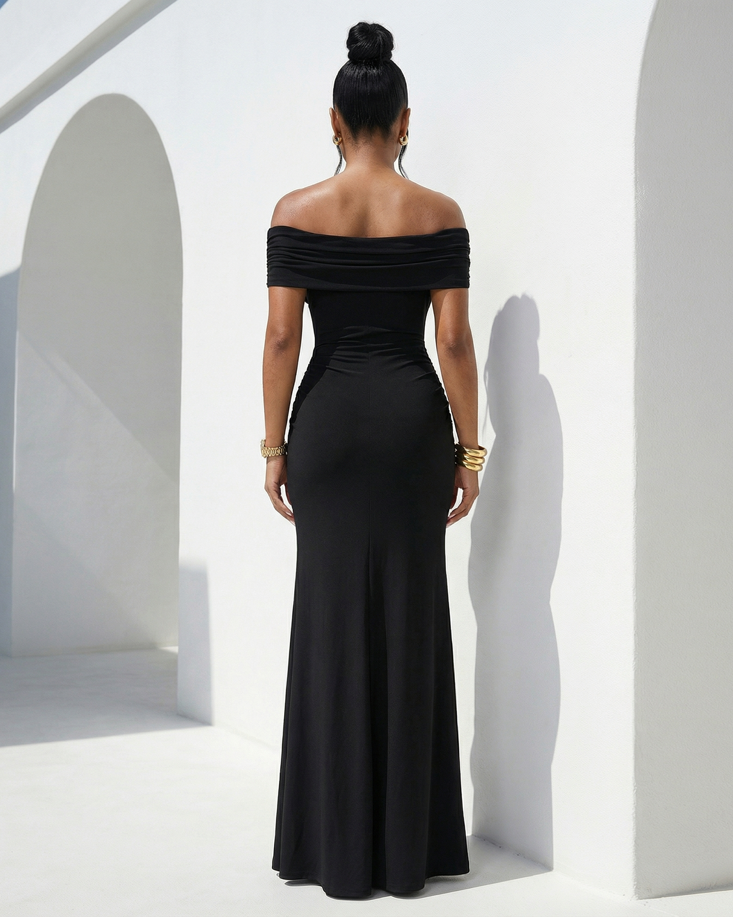 Maraya Black Gold Broach Off-Shoulder Maxi Dress