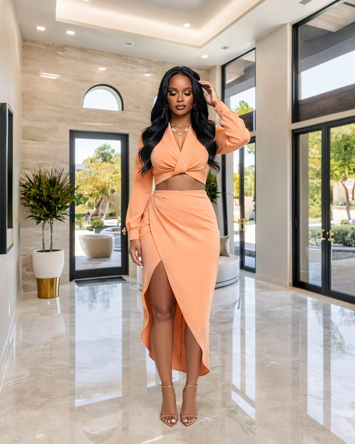 Larrine Peach Top & Slit Skirt Satin Set