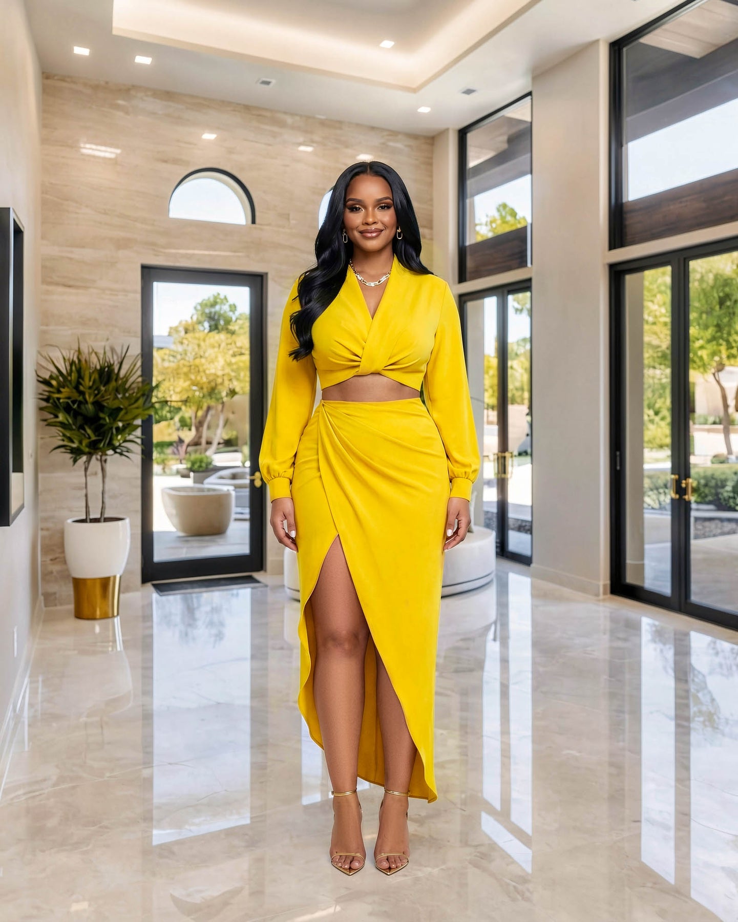 Larrine Mustard Yellow Top & Slit Skirt Satin Set