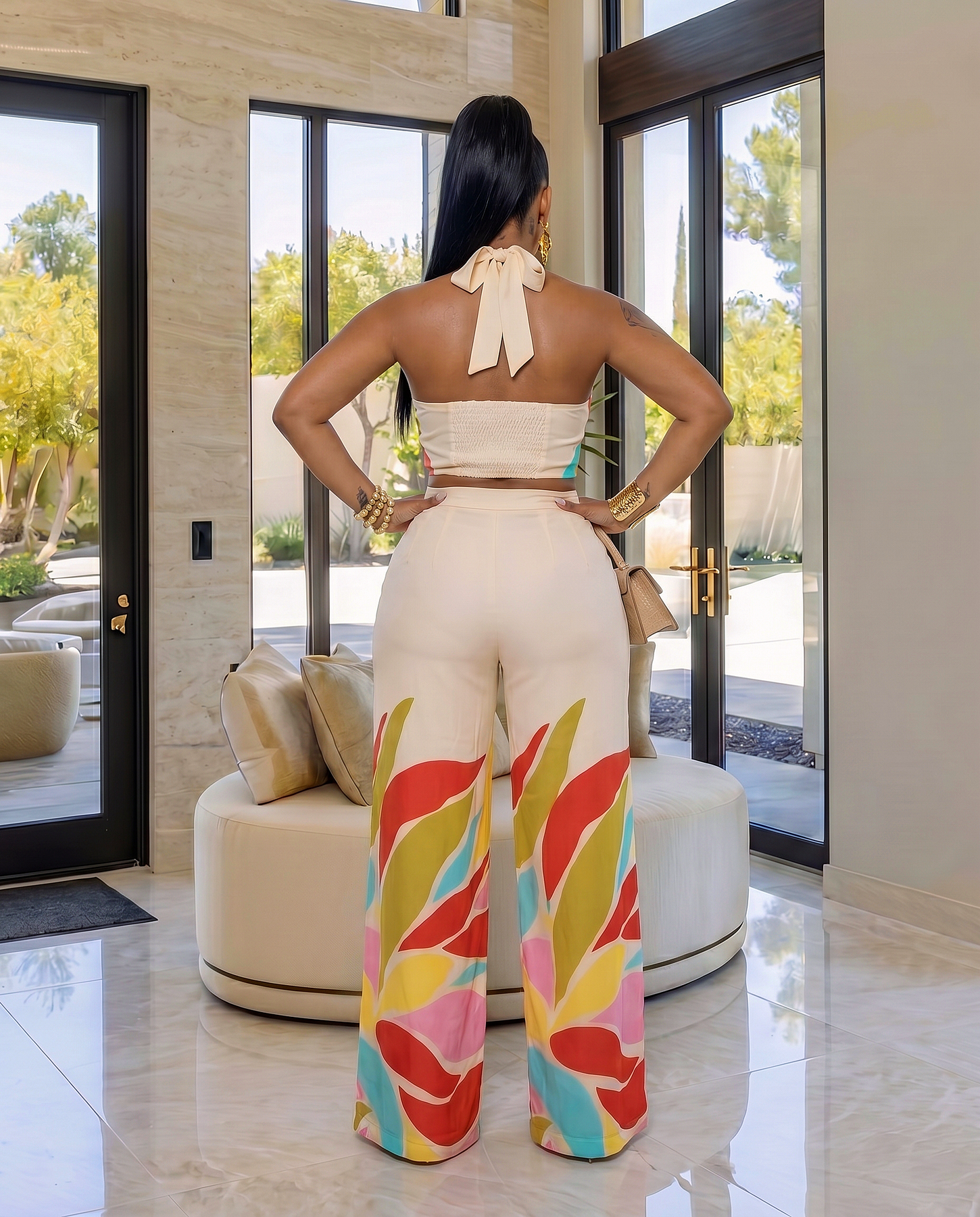 Noliane Red Lime Beige Crop Top & Pants Set