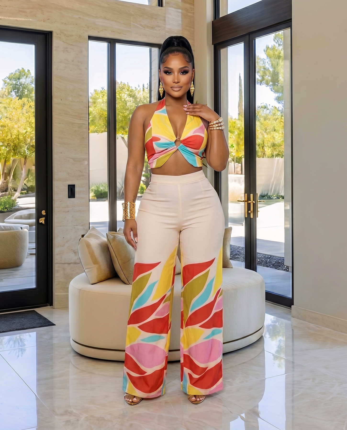 Noliane Red Lime Beige Crop Top & Pants Set