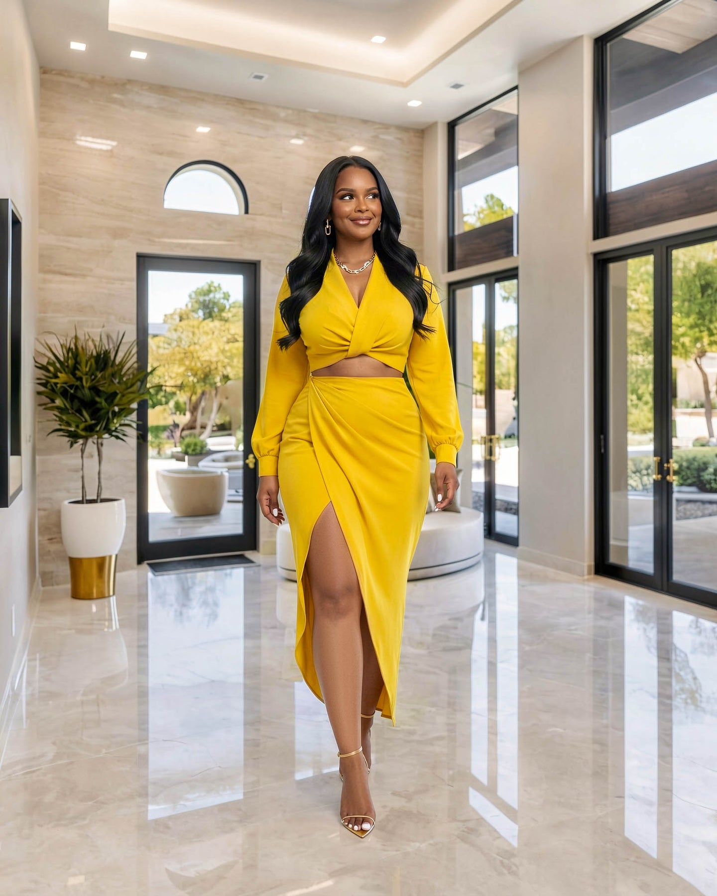 Larrine Mustard Yellow Top & Slit Skirt Satin Set