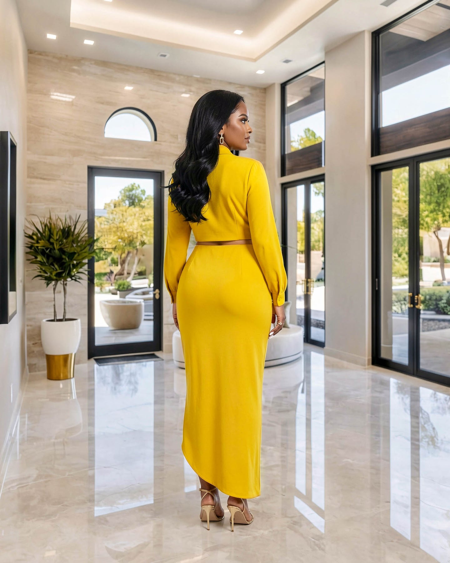 Larrine Mustard Yellow Top & Slit Skirt Satin Set