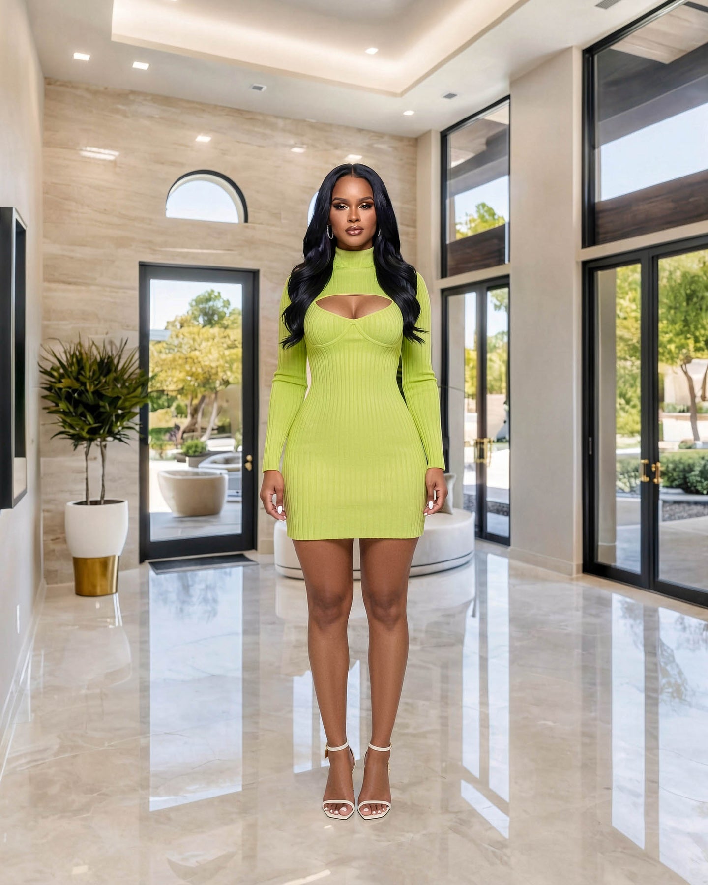 Cassio Neon Green Cut-Out Bust Ribbed Mini Dress