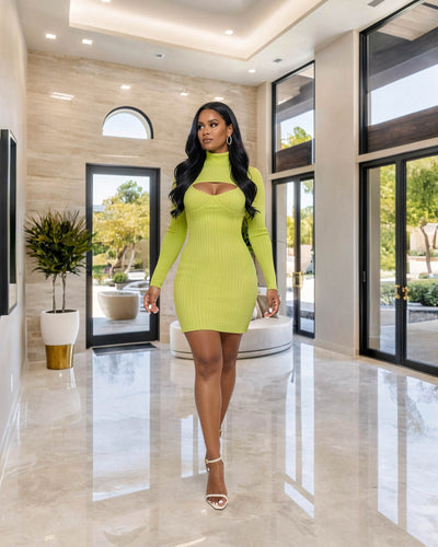 neon ribbed dress Asymmetrical Neon Green Ribbed Knit Dress