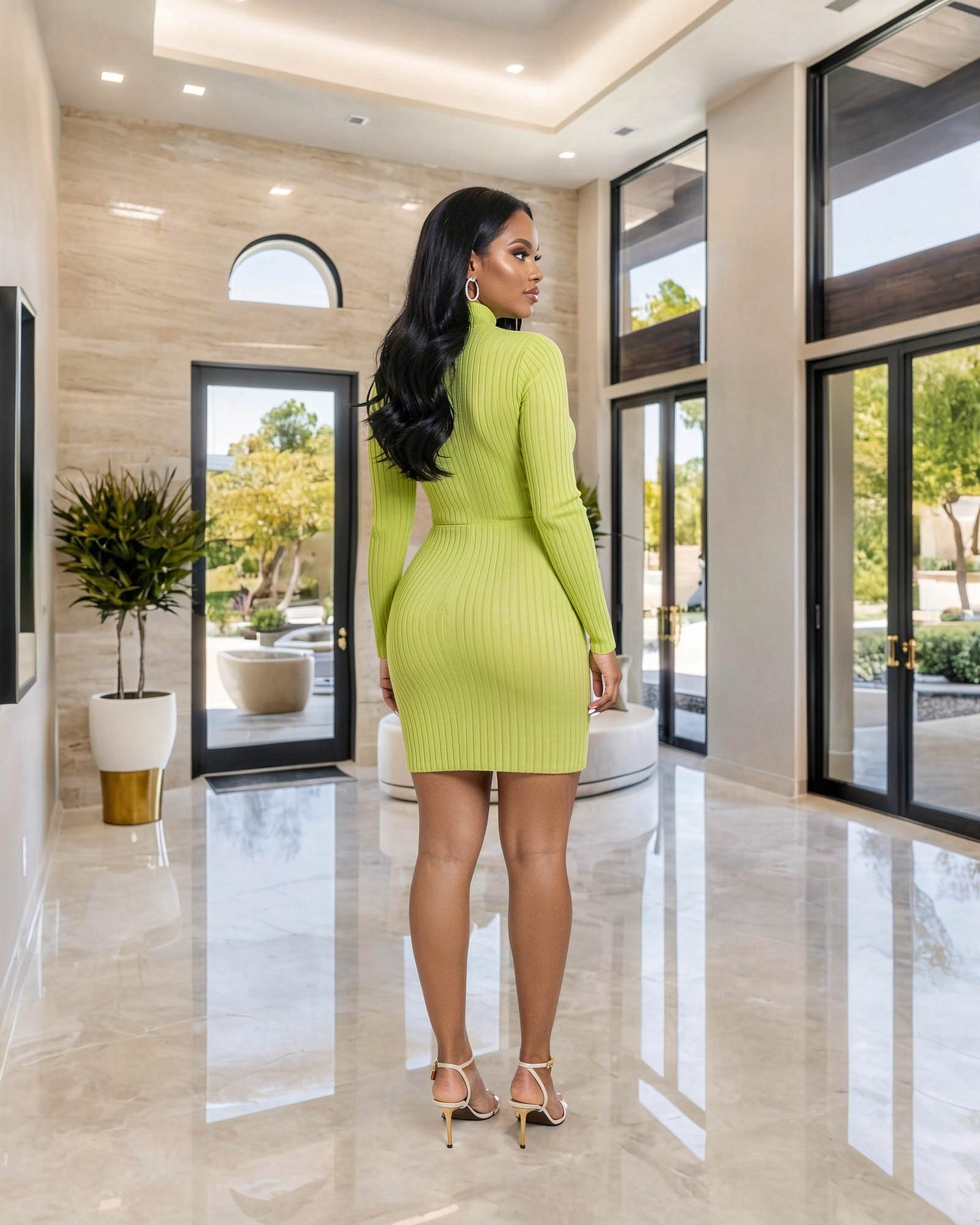 Cassio Neon Green Cut-Out Bust Ribbed Mini Dress