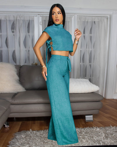 Bellucci Teal Linen Two Piece Pants Set