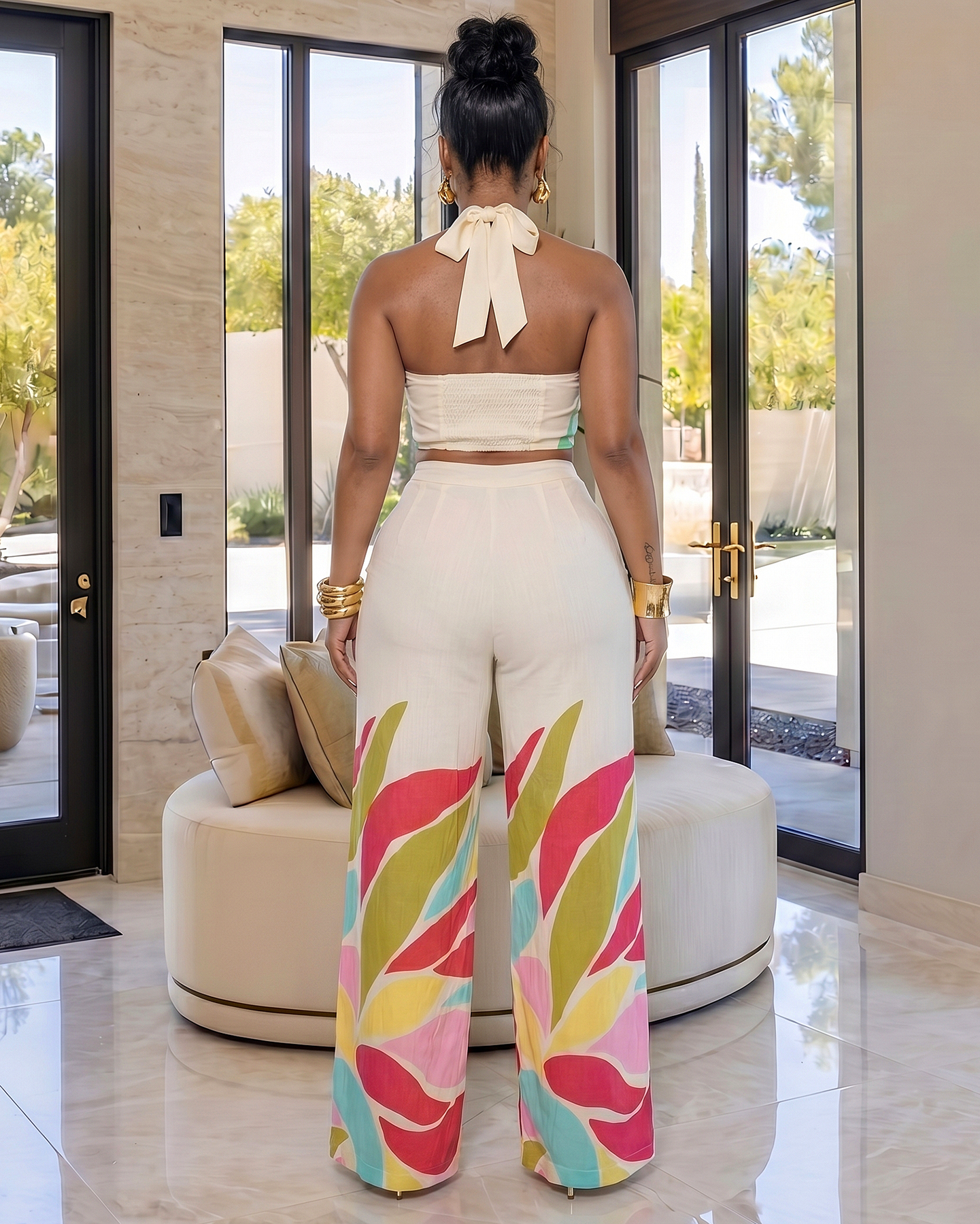Noliane Pink Olive Beige Crop Top & Pants Set