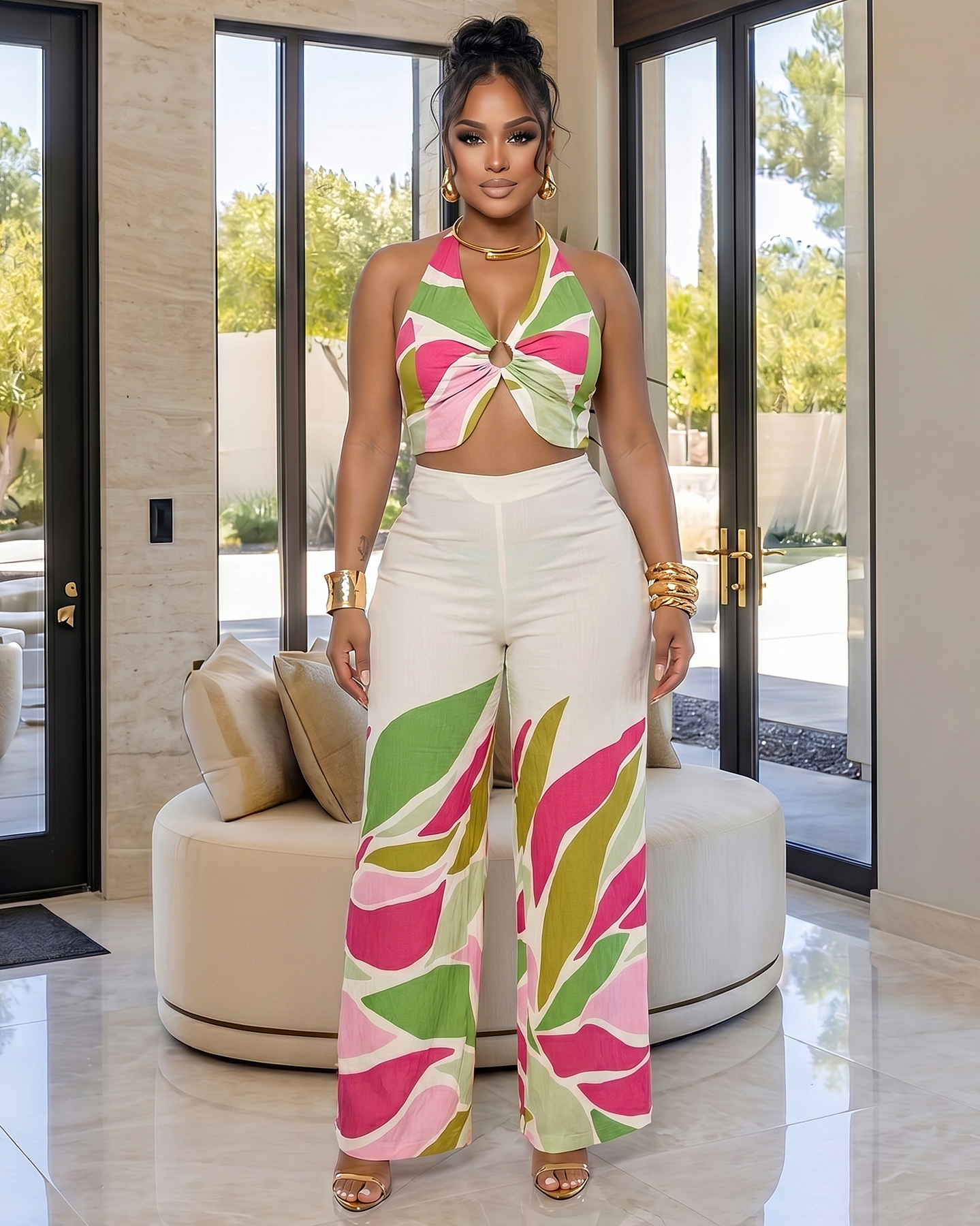 Noliane Pink Olive Beige Crop Top & Pants Set