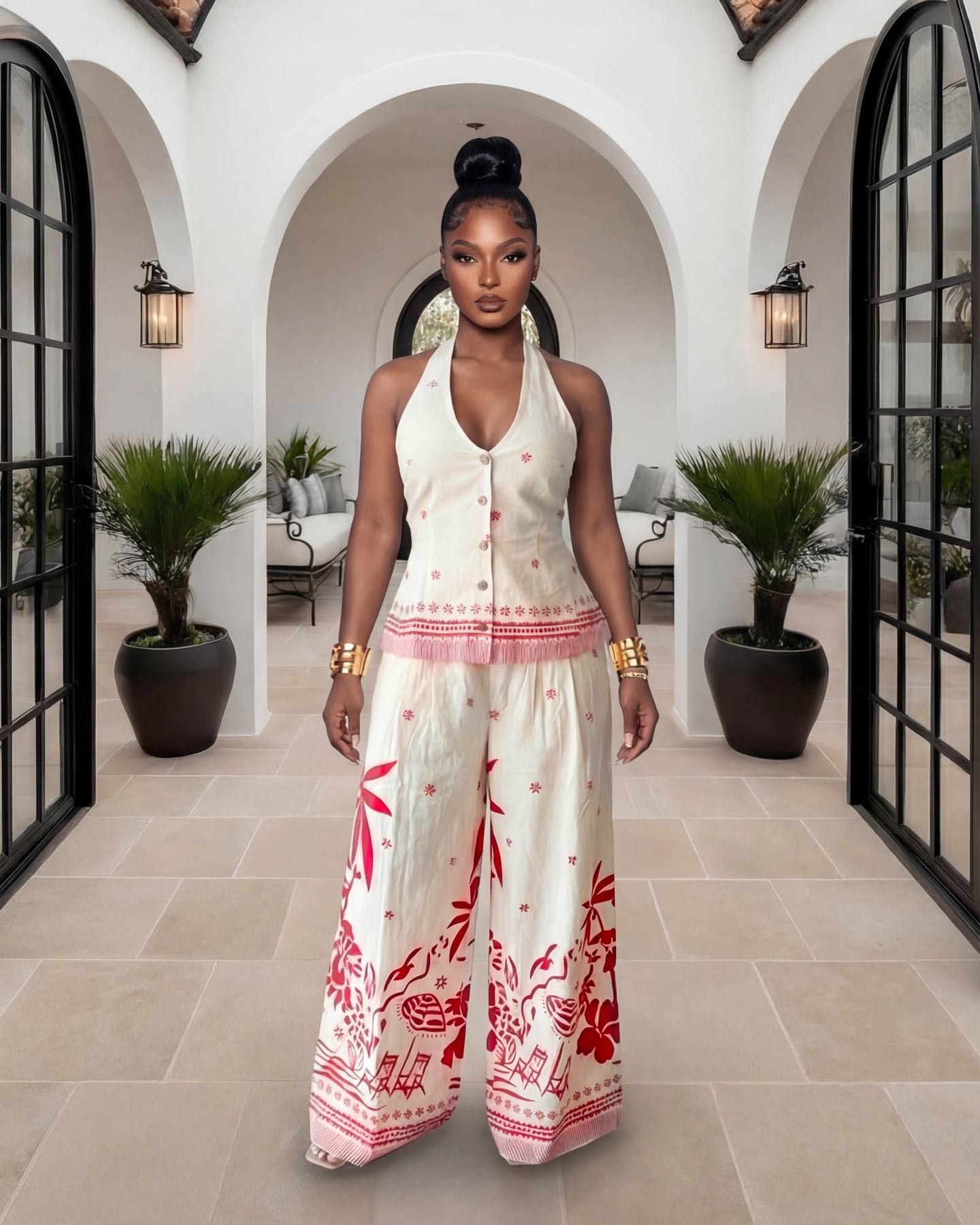 Shayna Beige Red Print Halter Pants Set