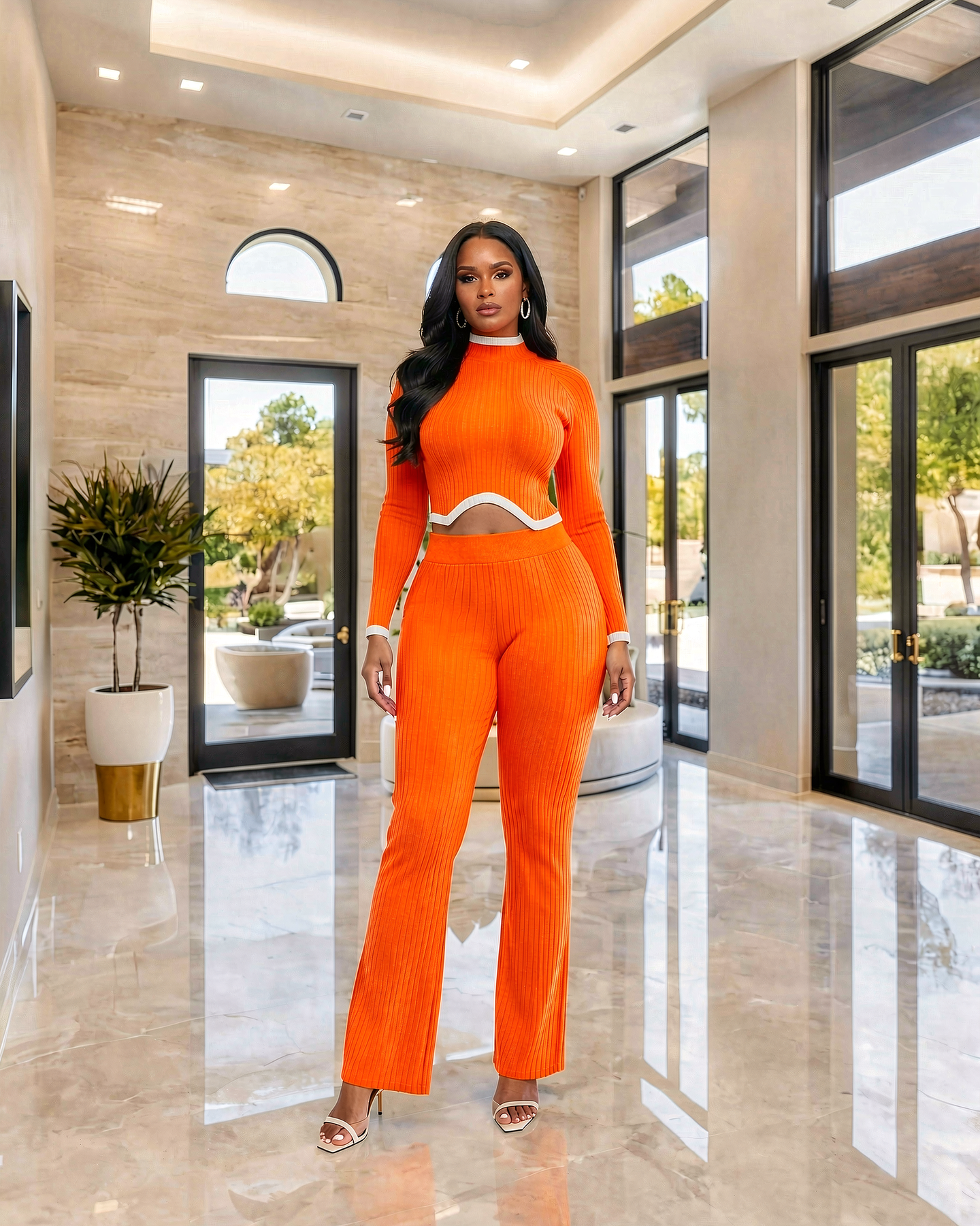 Virelle Orange White Trim LUXE Knit Pants Set