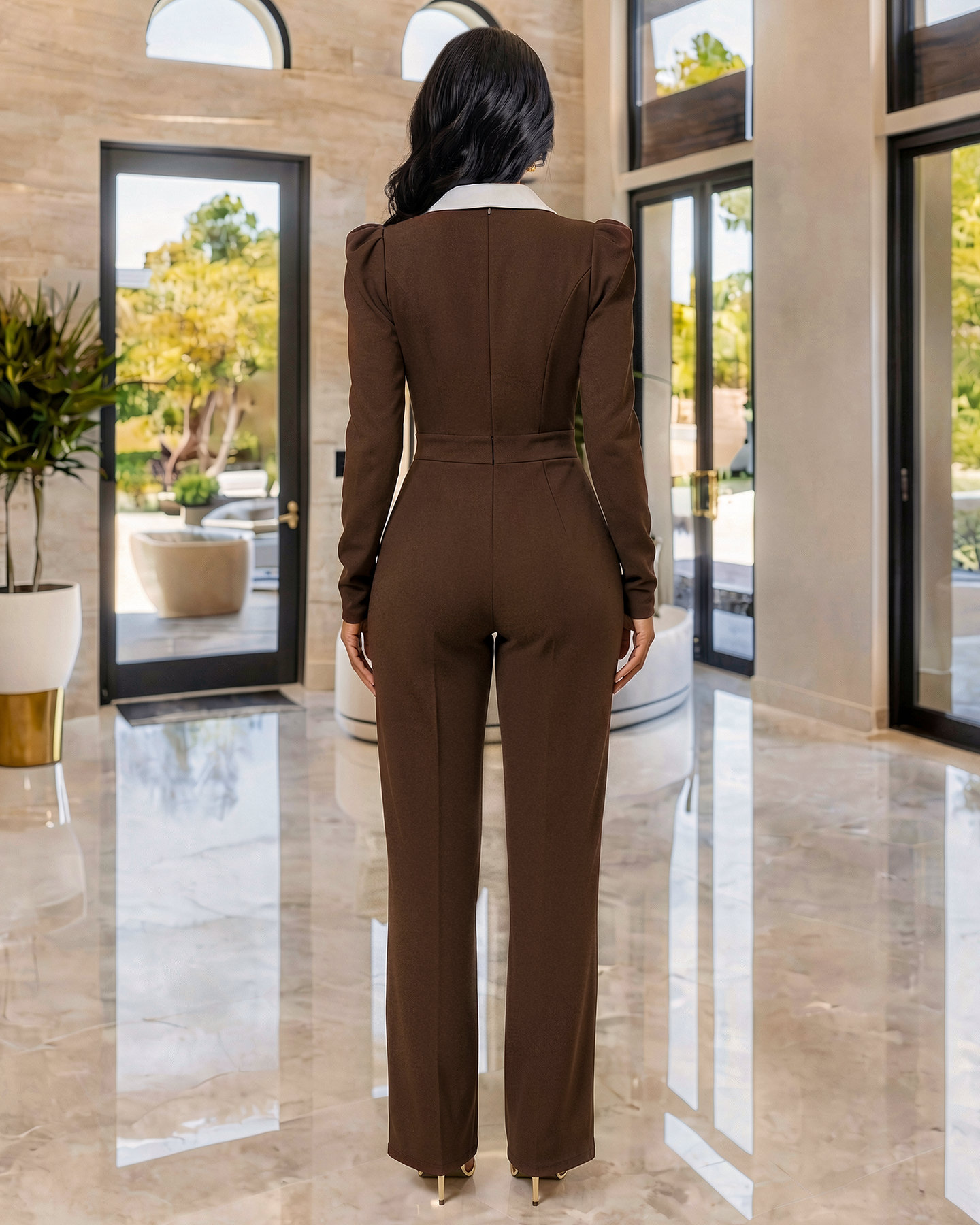 Allara Brown White Lapel Tuxedo Jumpsuit