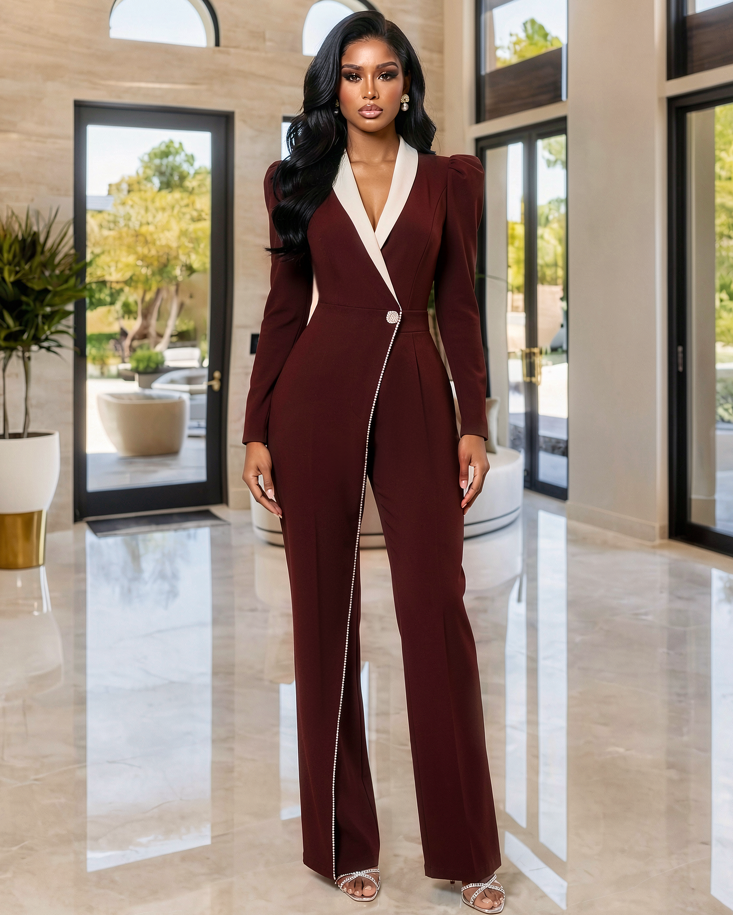 Allara Burgundy White Lapel Tuxedo Jumpsuit