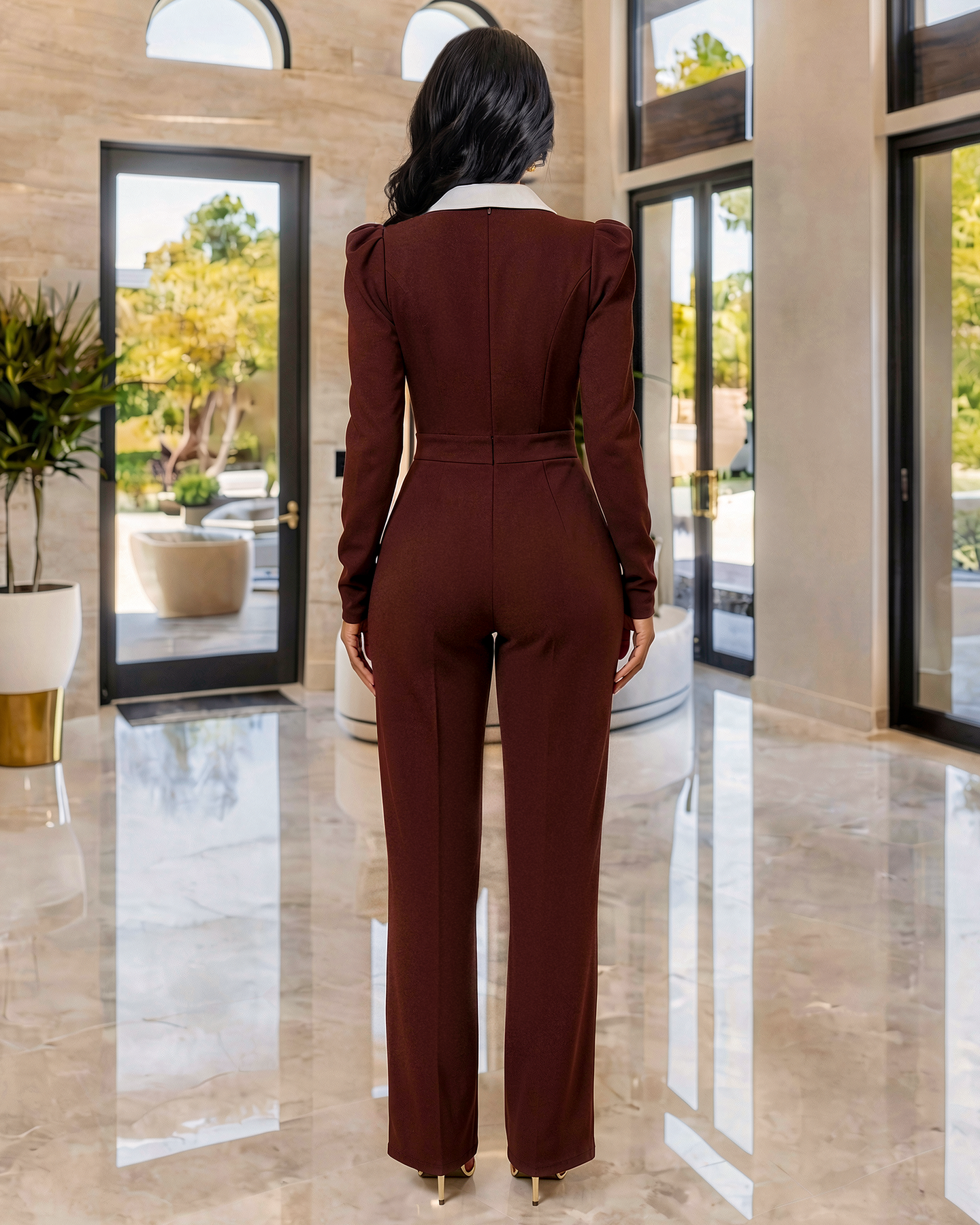 Allara Burgundy White Lapel Tuxedo Jumpsuit