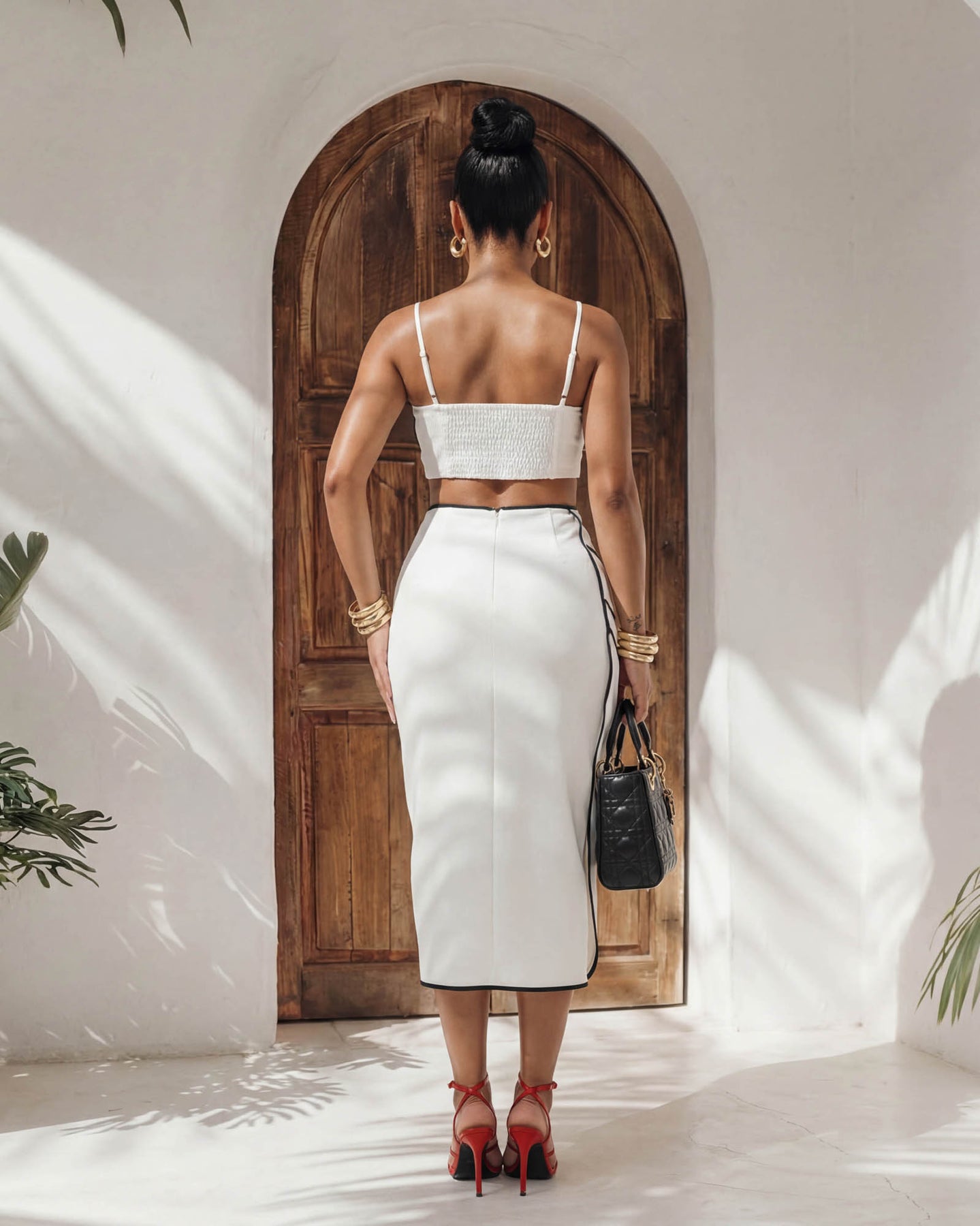 Delianna White Black Trim Scallop Top & Midi Skirt Set