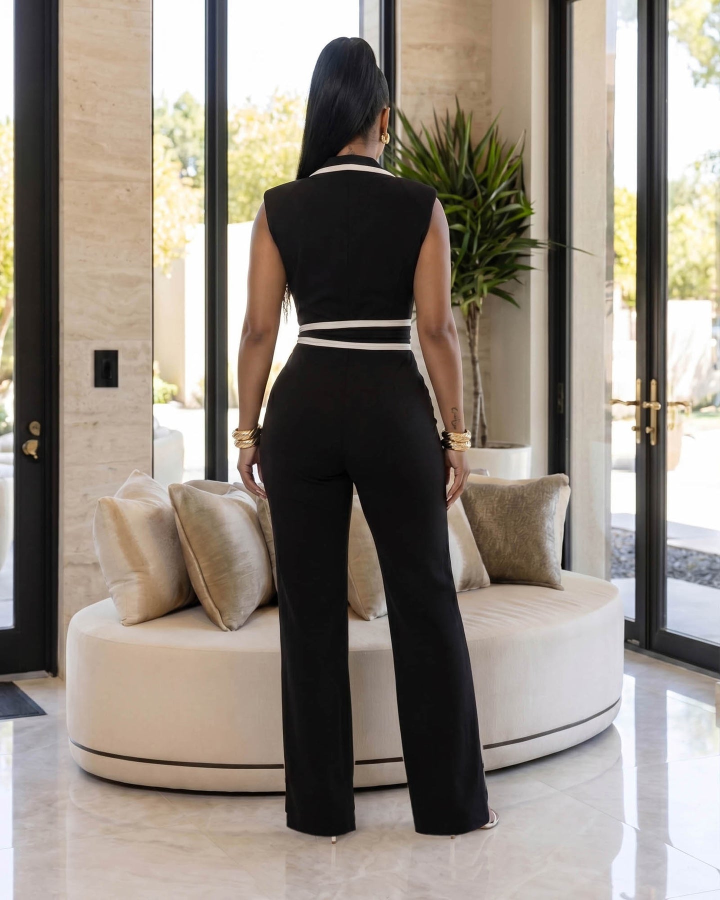Salley Black White Trim Belted Jumpsuit