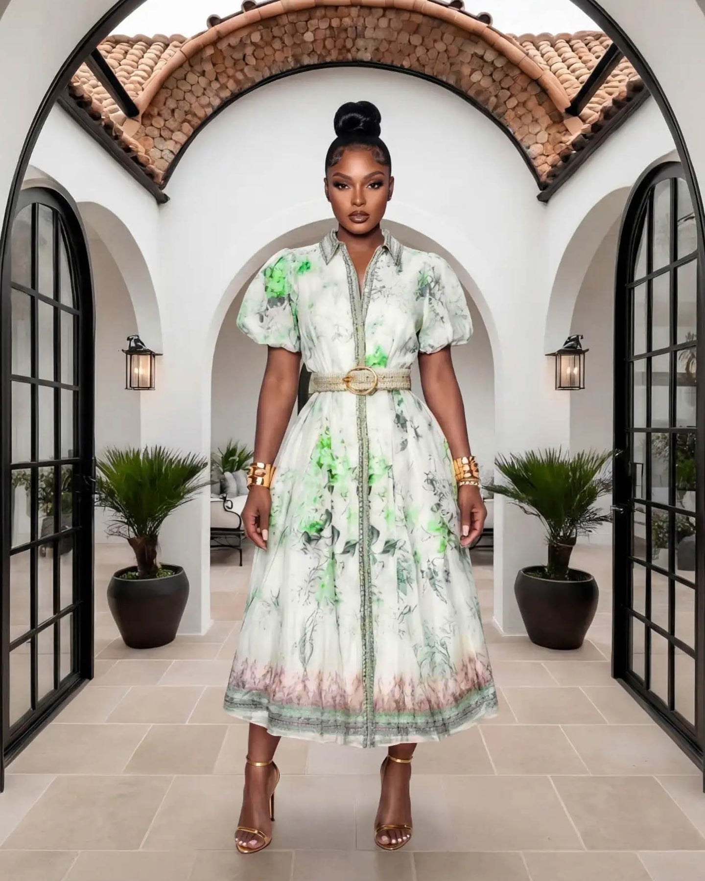 Fantasy Off-White Green Print Belted Midi Dress