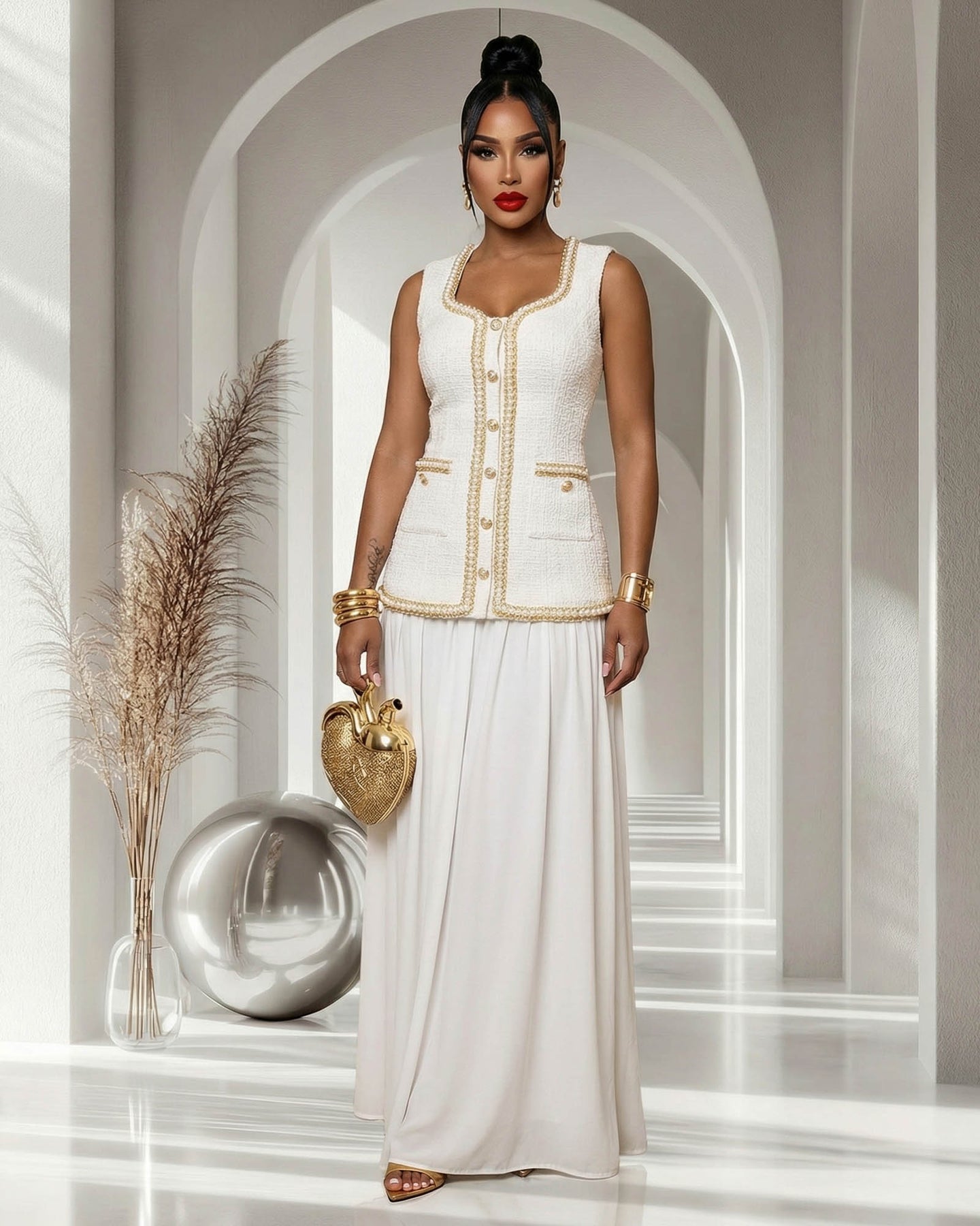 Suriname White Pearl Chain Tweed Drop Waist Maxi Dress