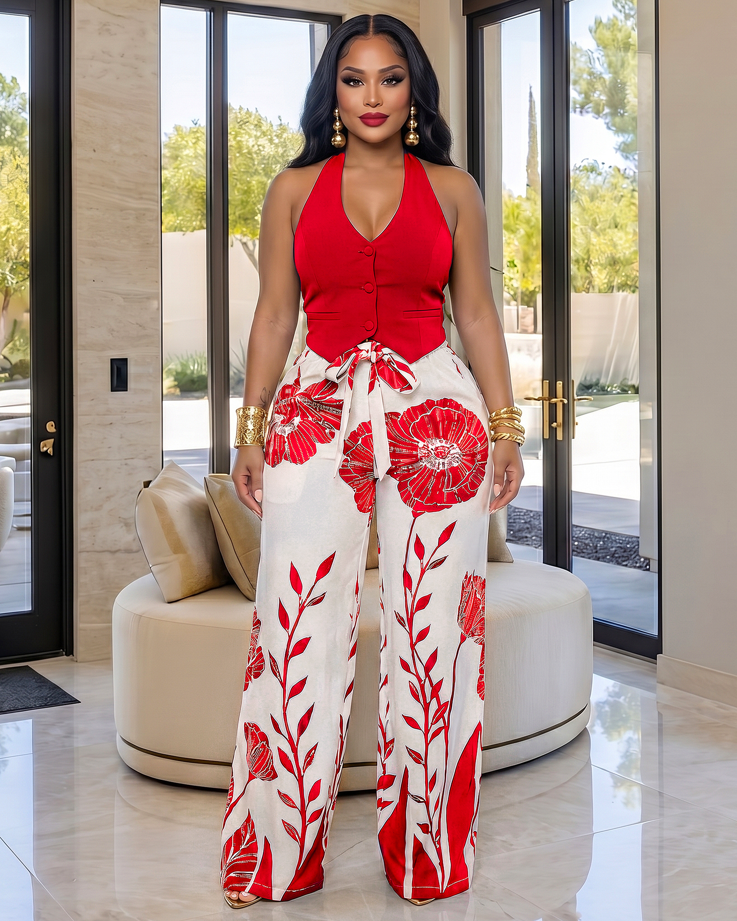 Safira Red Off-White Print Vest & Pants Set