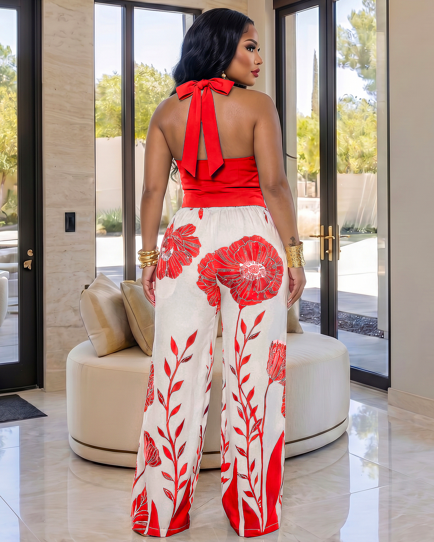 Safira Red Off-White Print Vest & Pants Set