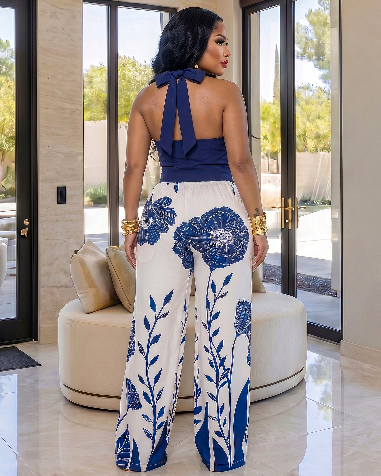 Safira Navy-Blue Off-White Print Vest & Pants Set