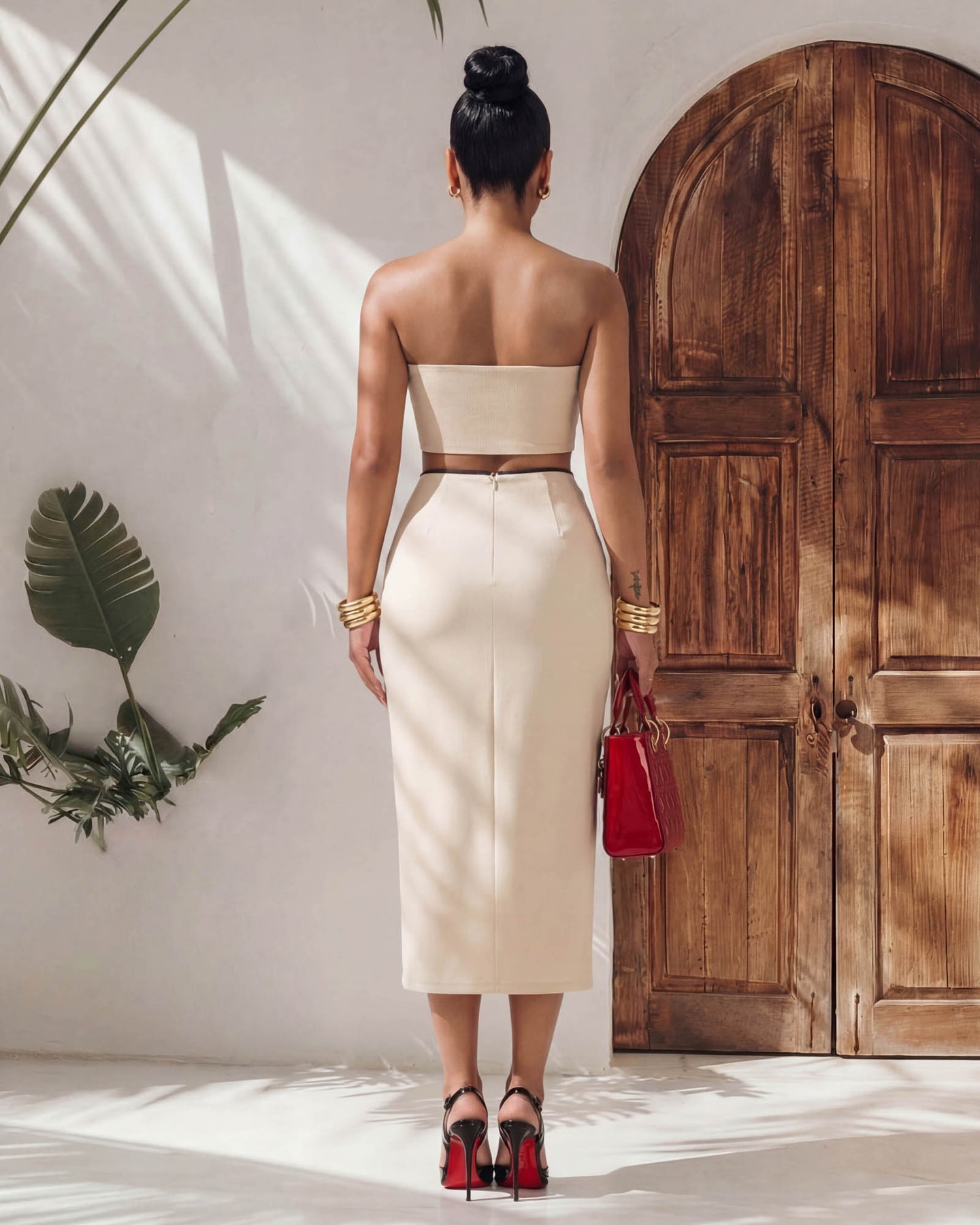 Delianna Beige Black Trim Scallop Top & Midi Skirt Set