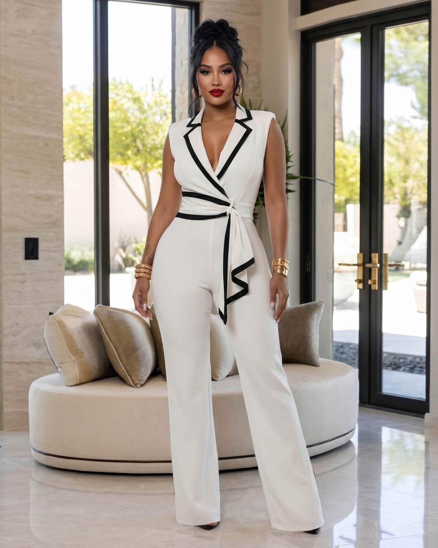 Salley White Black Trim Belted Jumpsuit