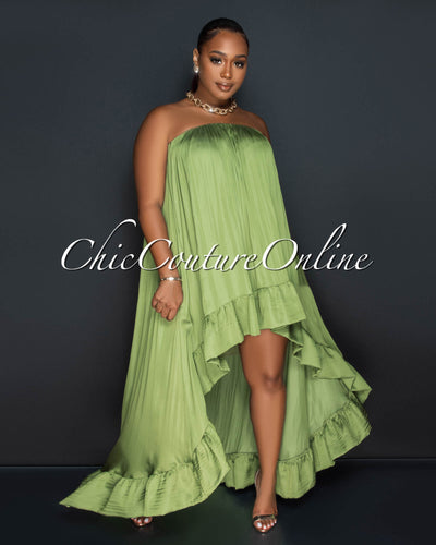 Lornie Olive Green Hi-Low Ruffle Hem Silky Maxi Dress
