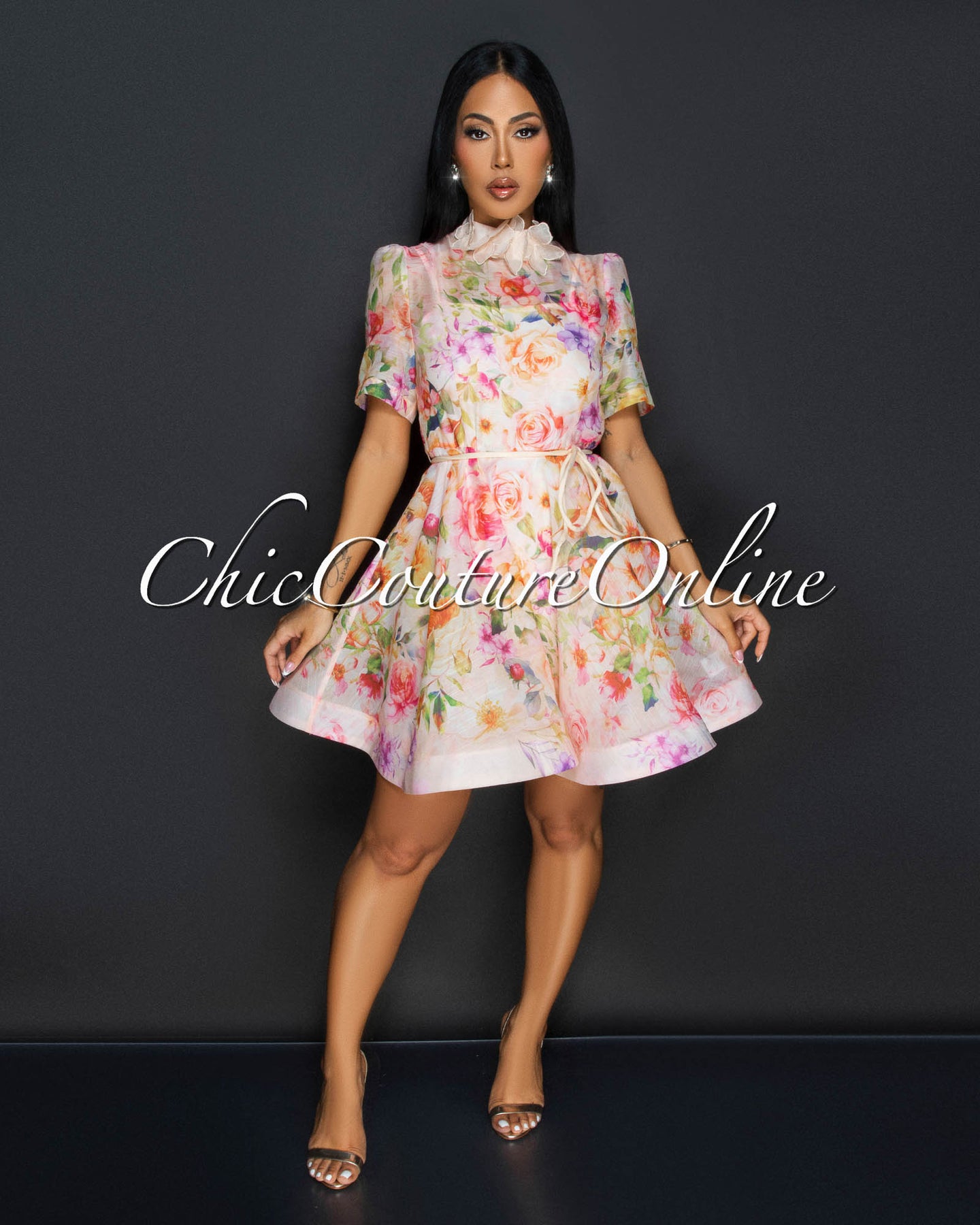 Prina Blush Multi Floral Print Belted Dress