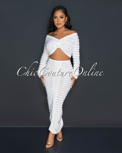 Ganiah Off-White Crochet Crop Top & Maxi Skirt Set