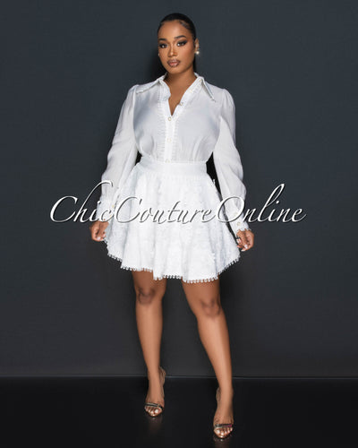 Bachir Off-White Buttoned Blouse & Flared Crochet Skirt Set