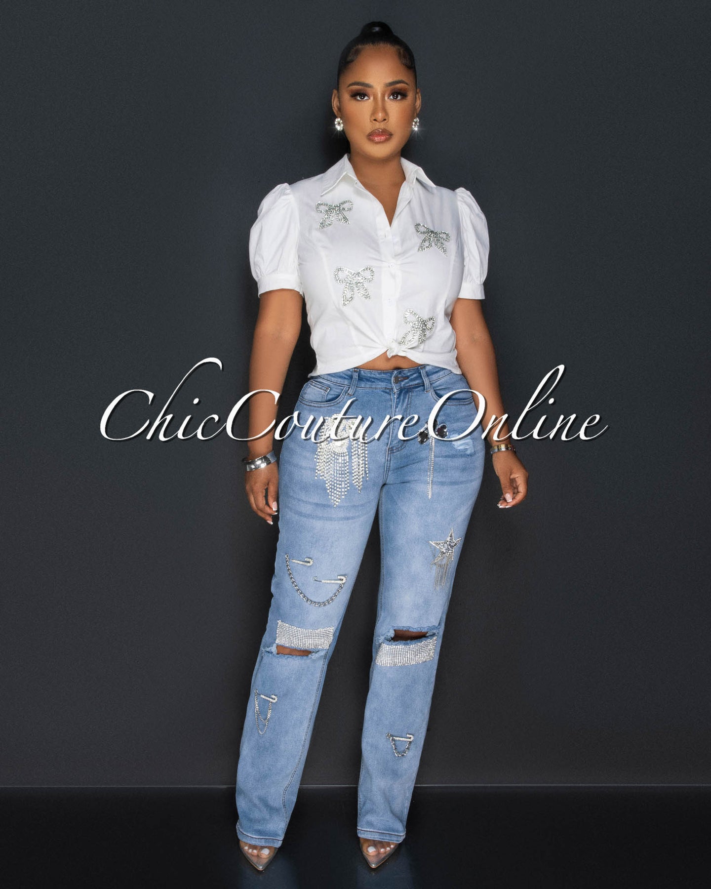 *Nadine Light Denim Rhinestones Fringe Accent Jeans