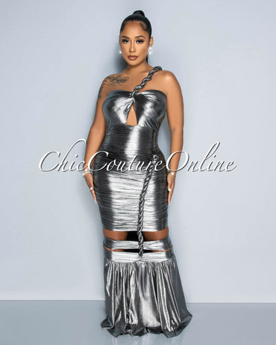 Tatianna Silver Textured Cut-Out Maxi Dress